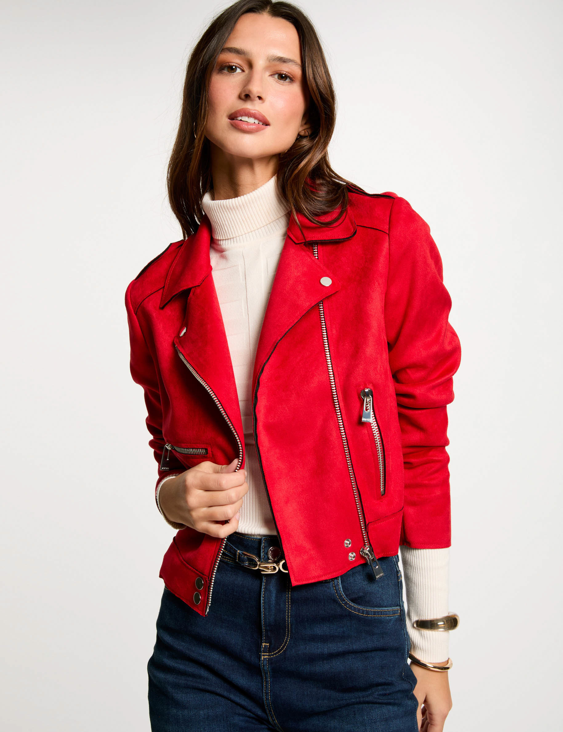 Zipped short suede jacket red women