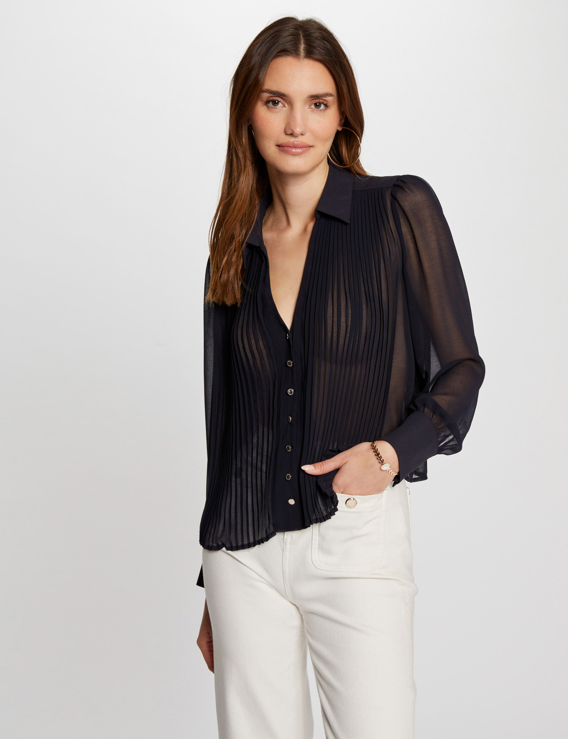 Long-sleeved shirt with pleats navy women