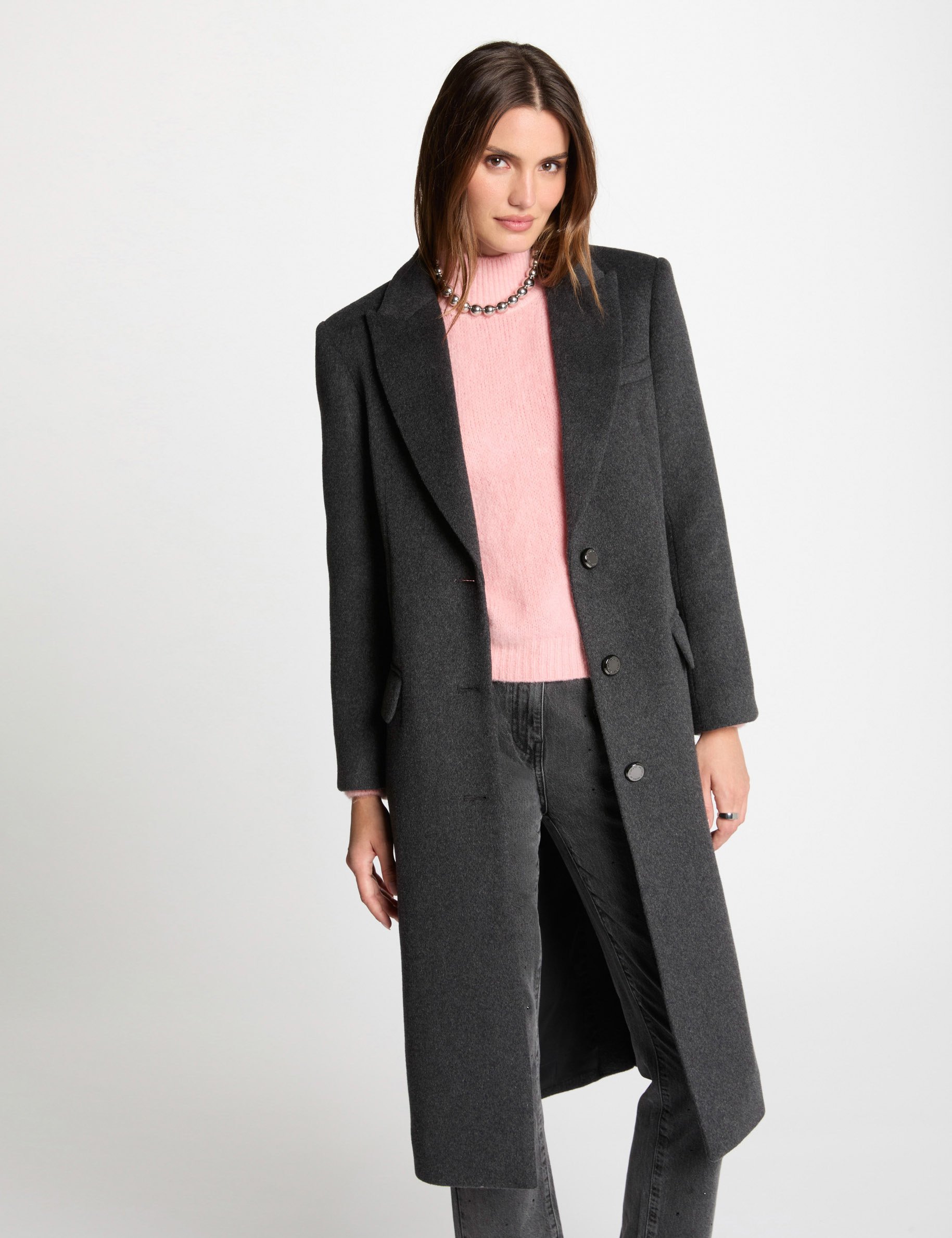 Buttoned long coat anthracite grey women