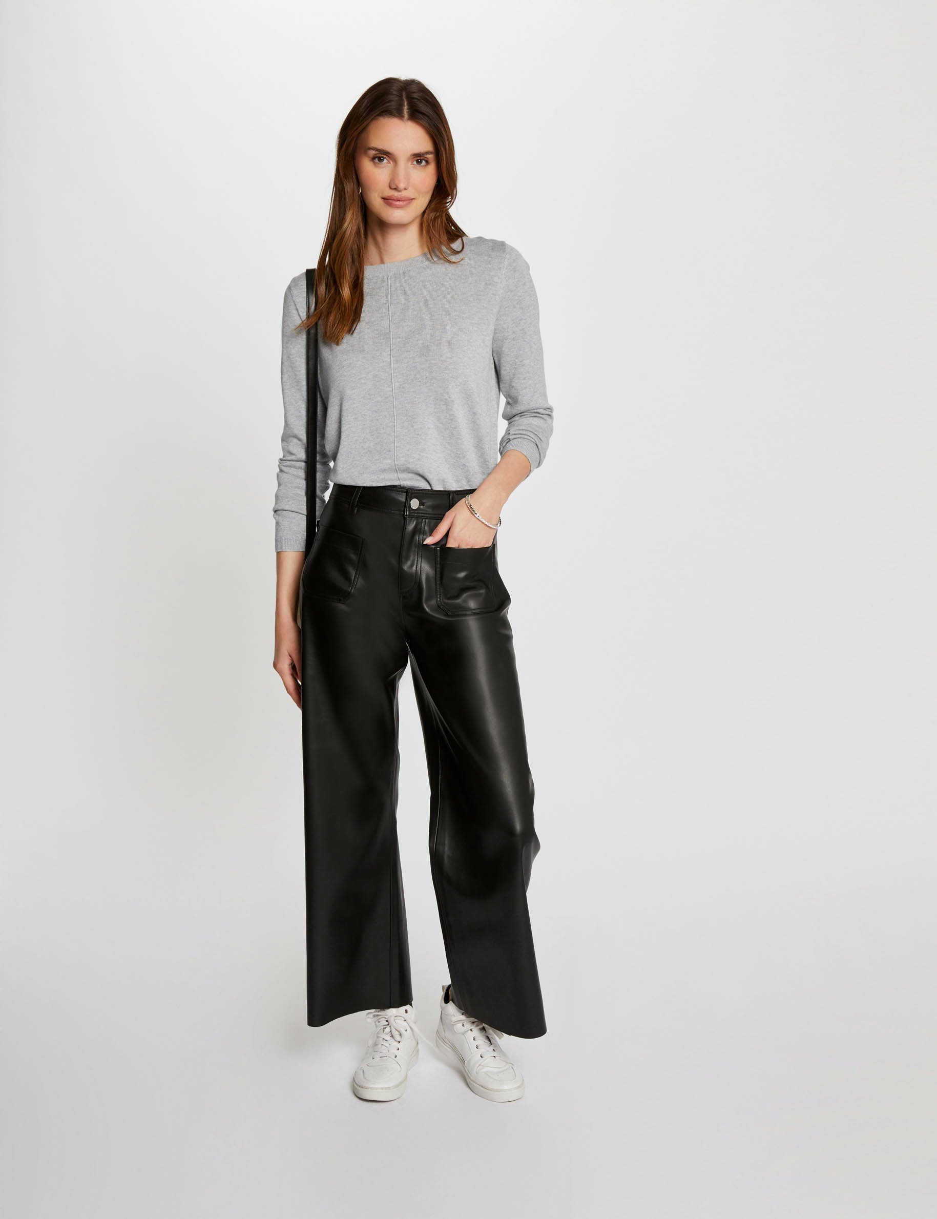 Wide leg faux leather trousers black ladies Morgan