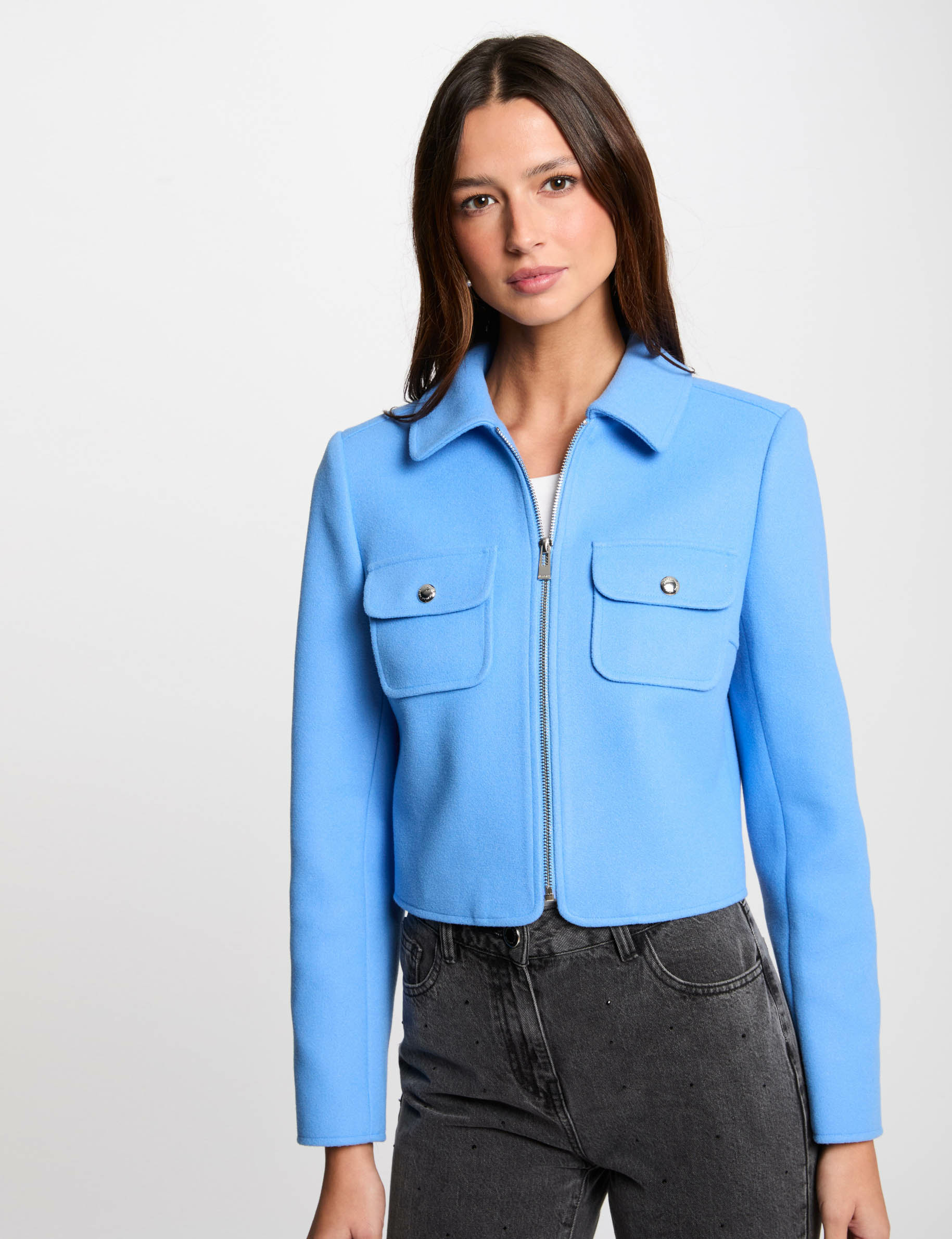 Veste courte zippée bleu femme