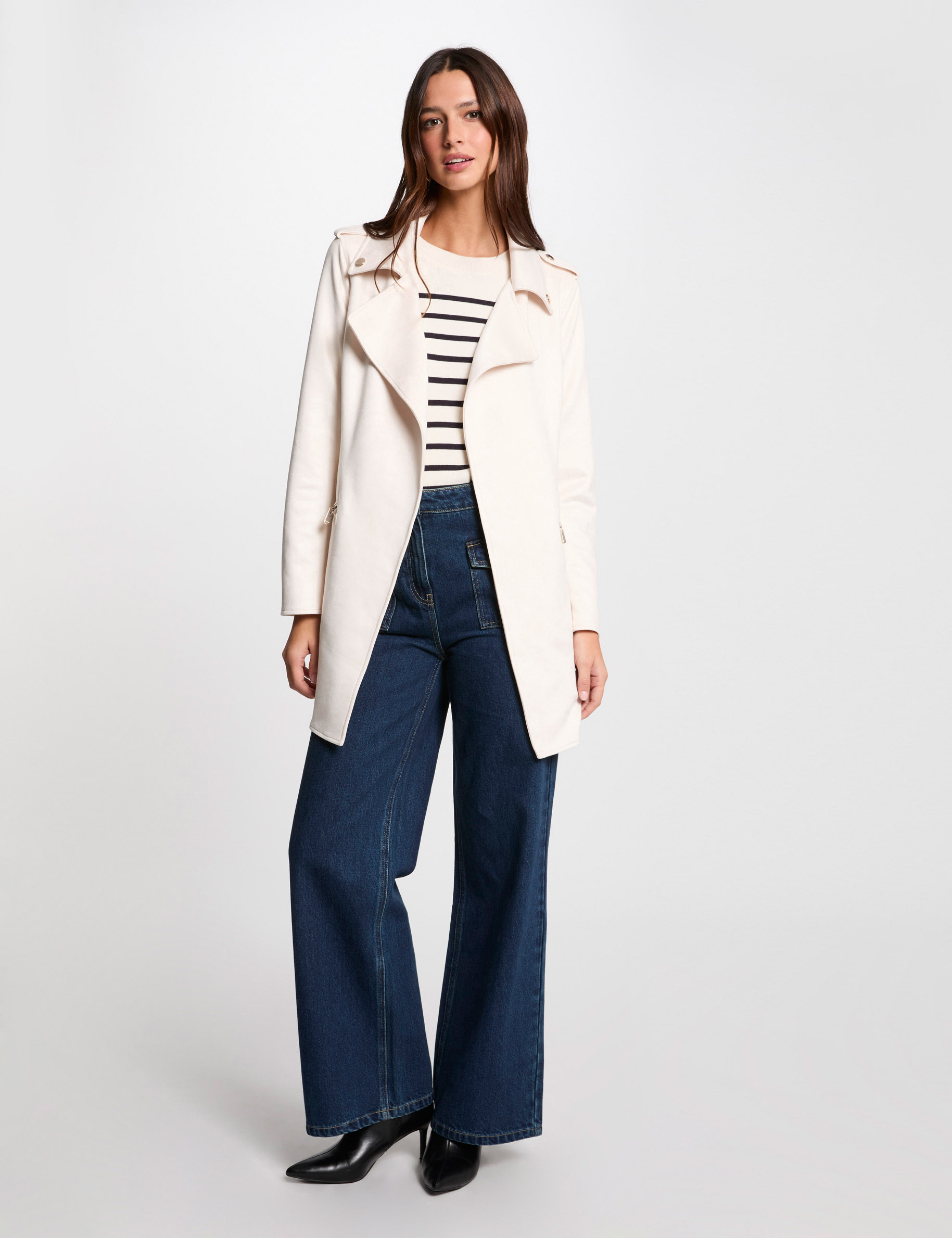 Belted long suede coat ivory women