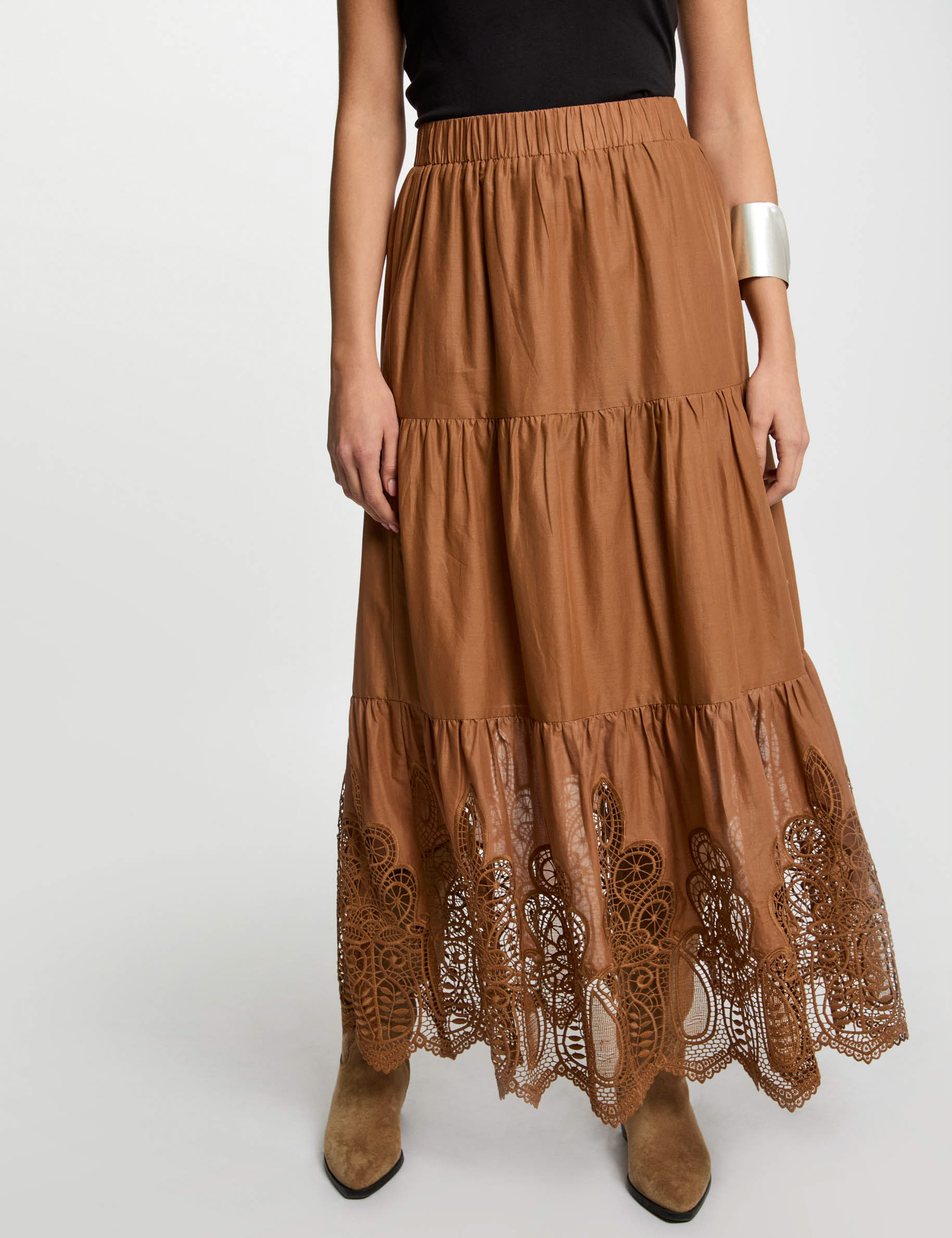 Maxi skirt lace detail cognac brown women