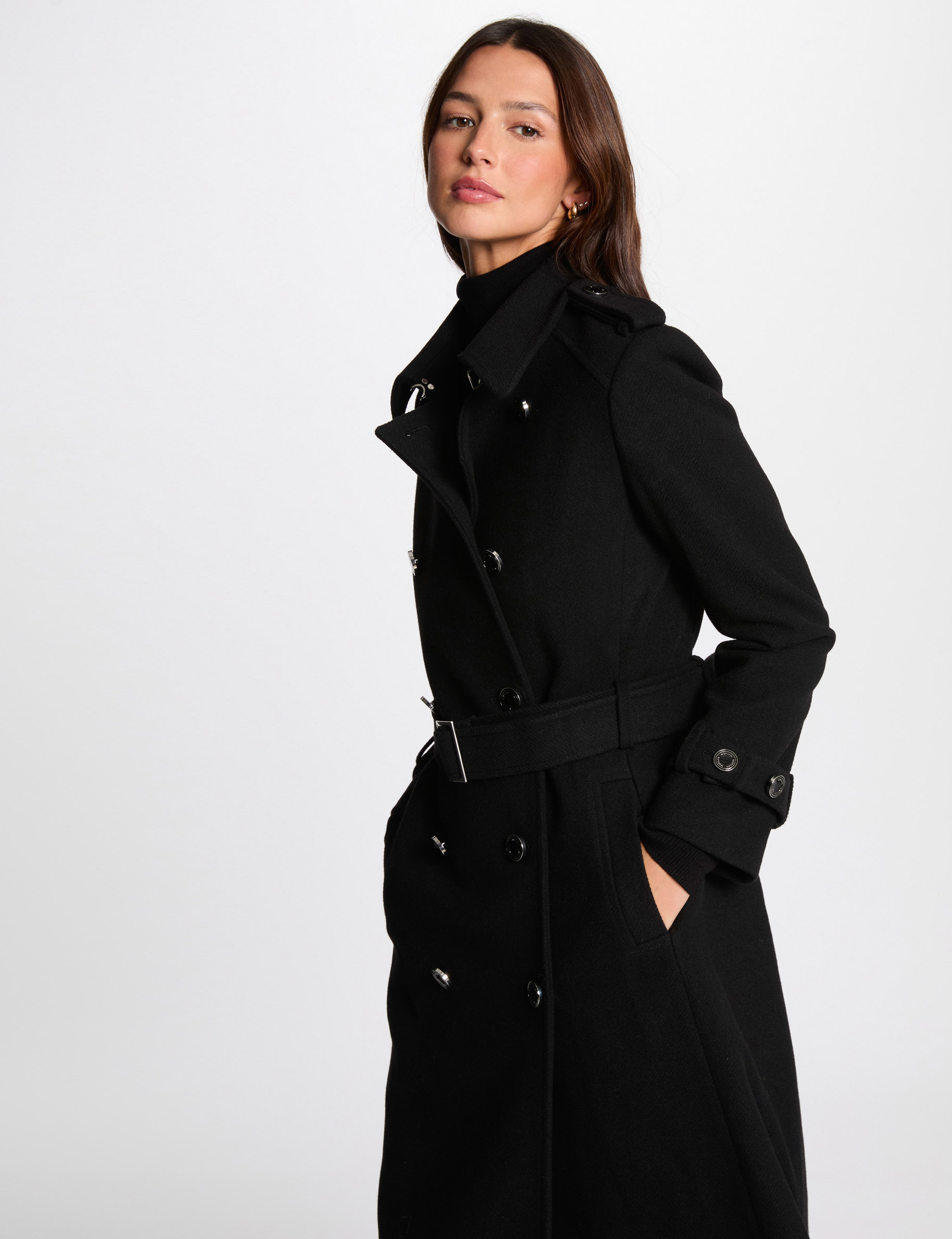 Belted long coat black women