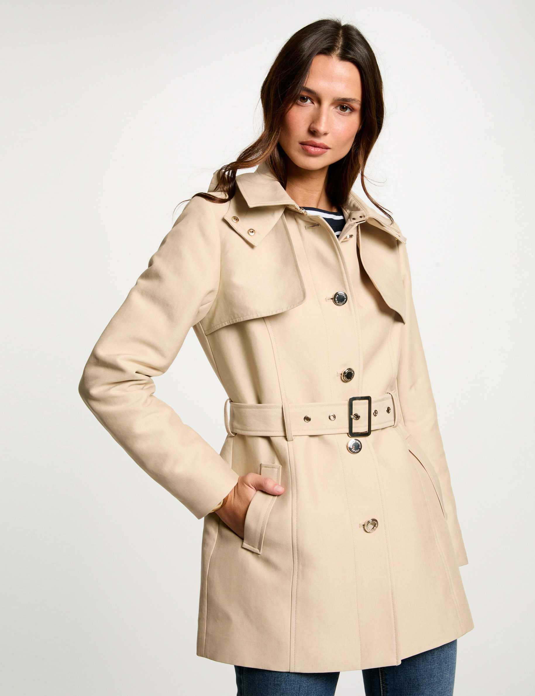 Belted mid-length trenchcoat sand women