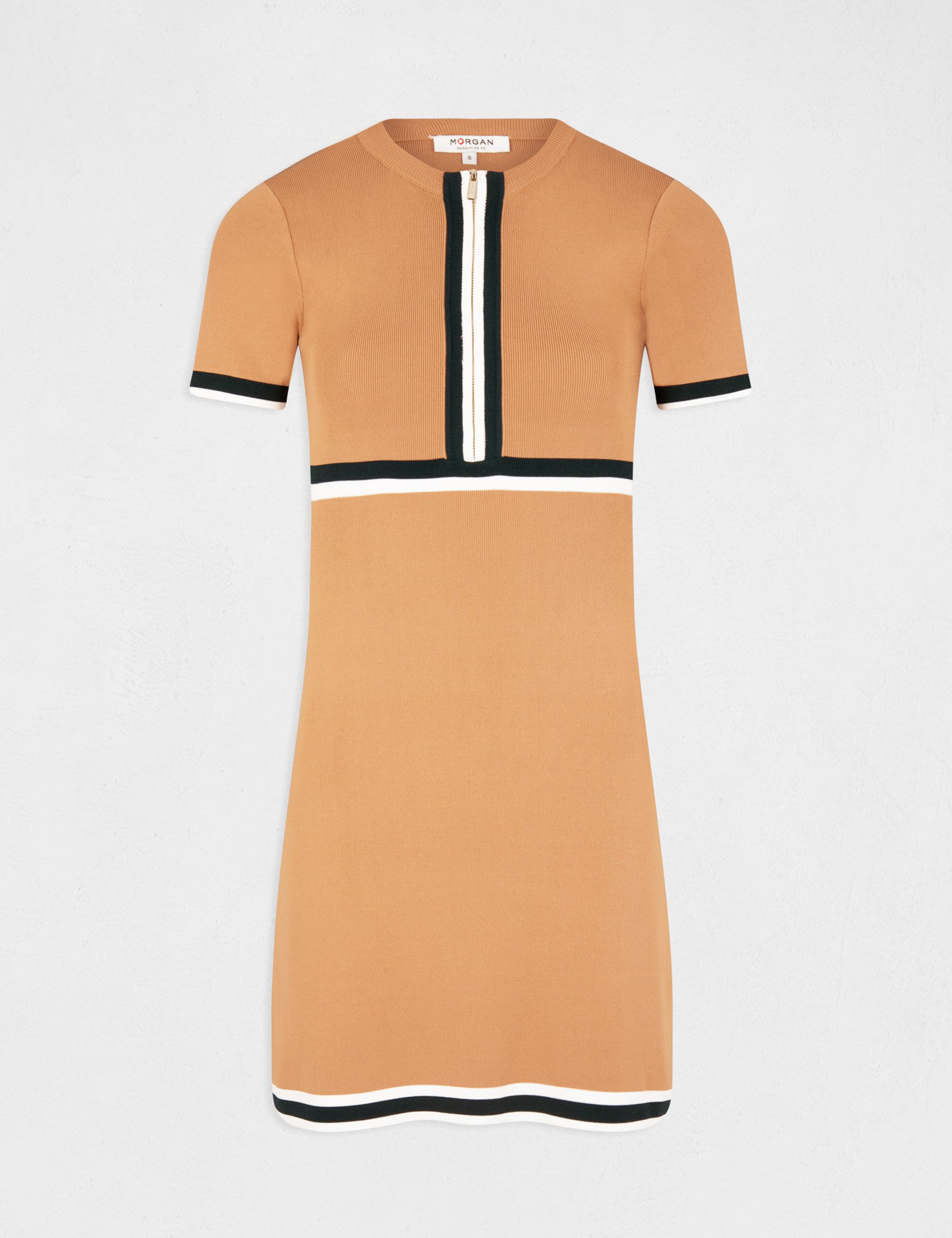 Fitted dress zip and contrasting strips camel women