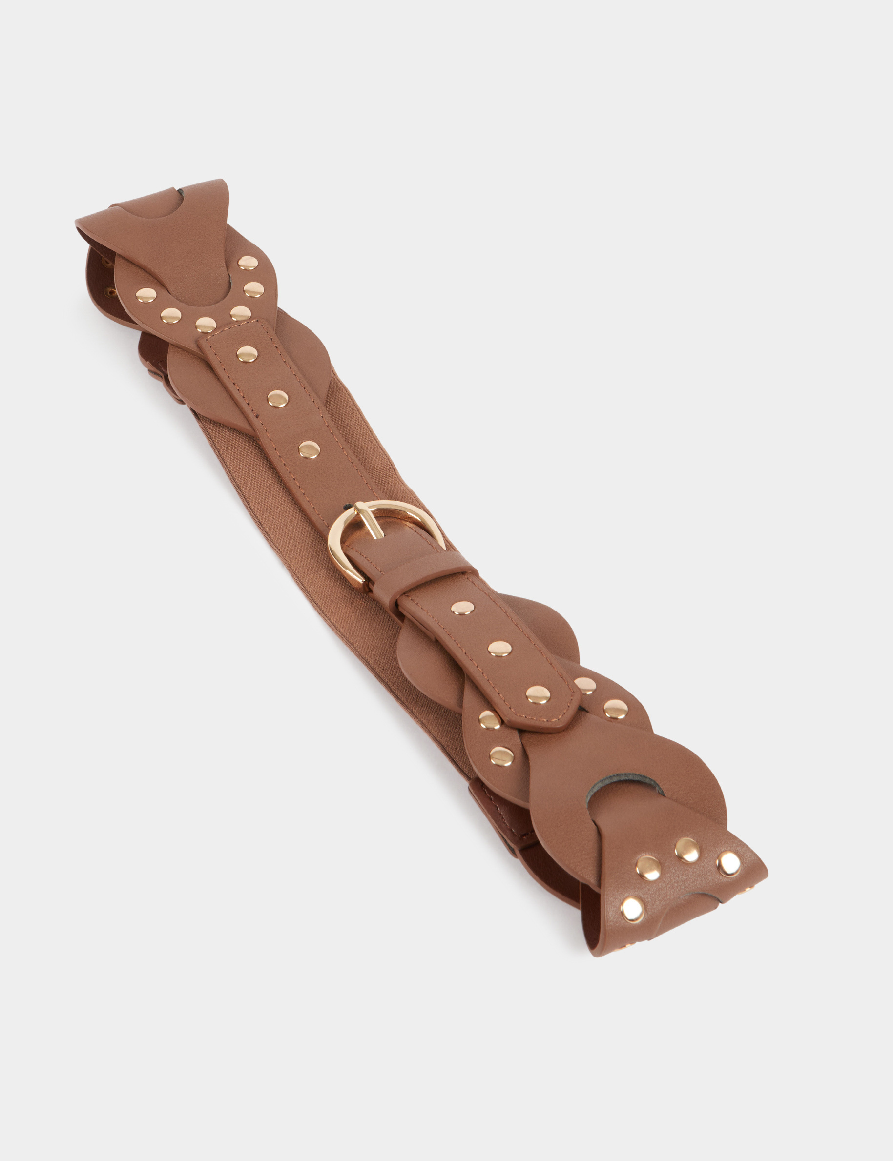 Elasticised belt with studs brown women