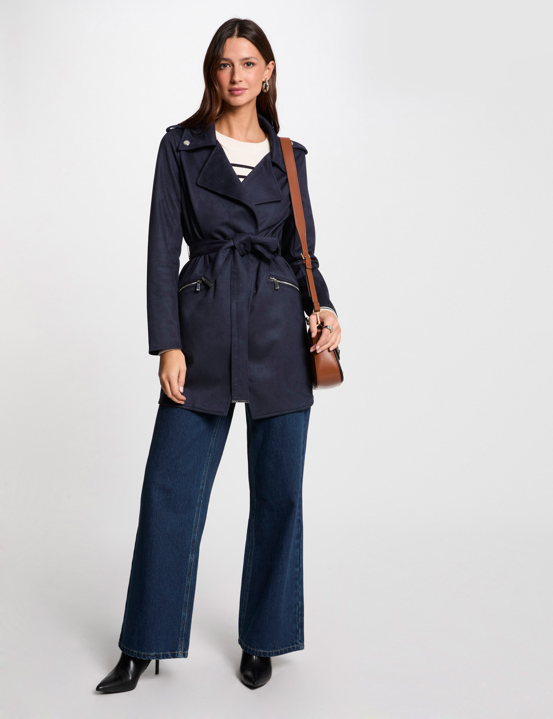 Belted long suede coat navy blue women