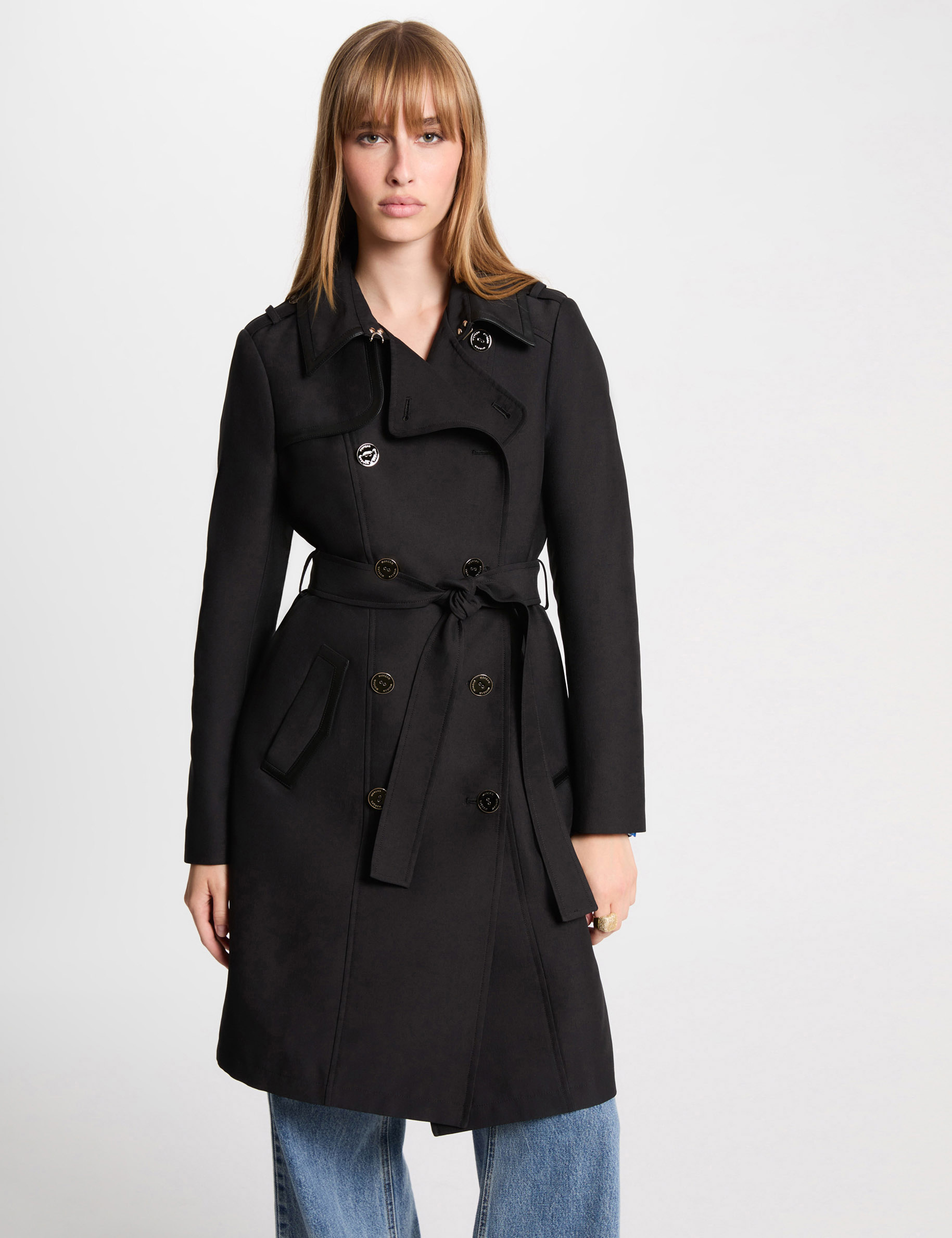 Belted long trenchcoat black women