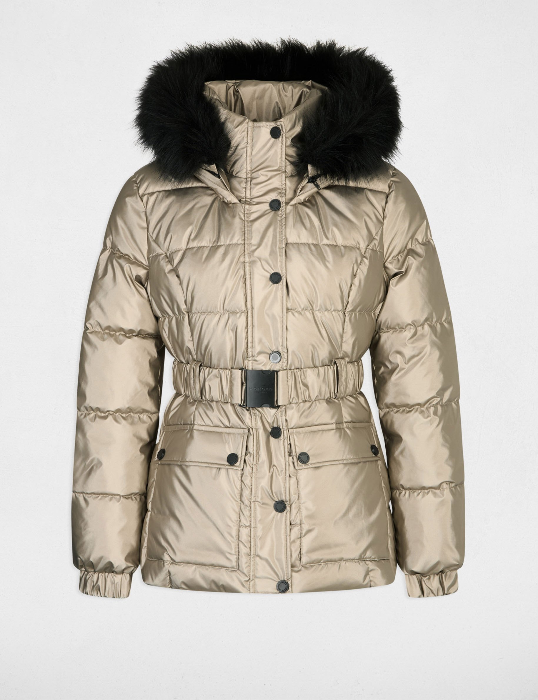 Metallised padded jacket hood gold women Morgan