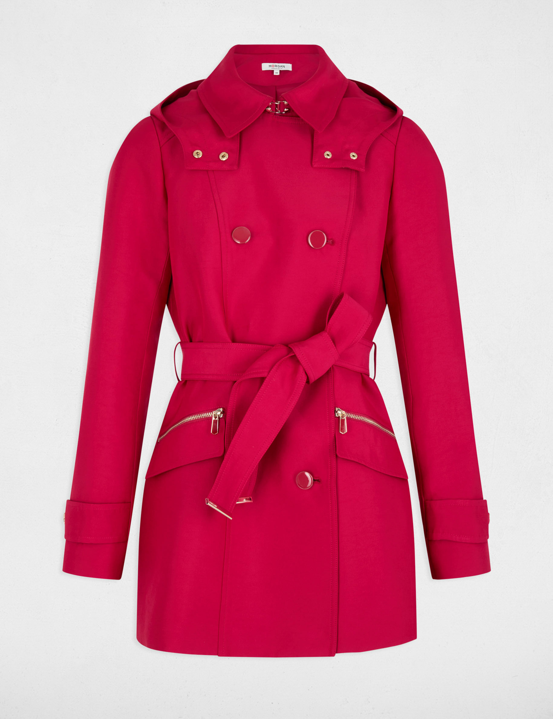 Waisted belted trenchcoat with hood red women