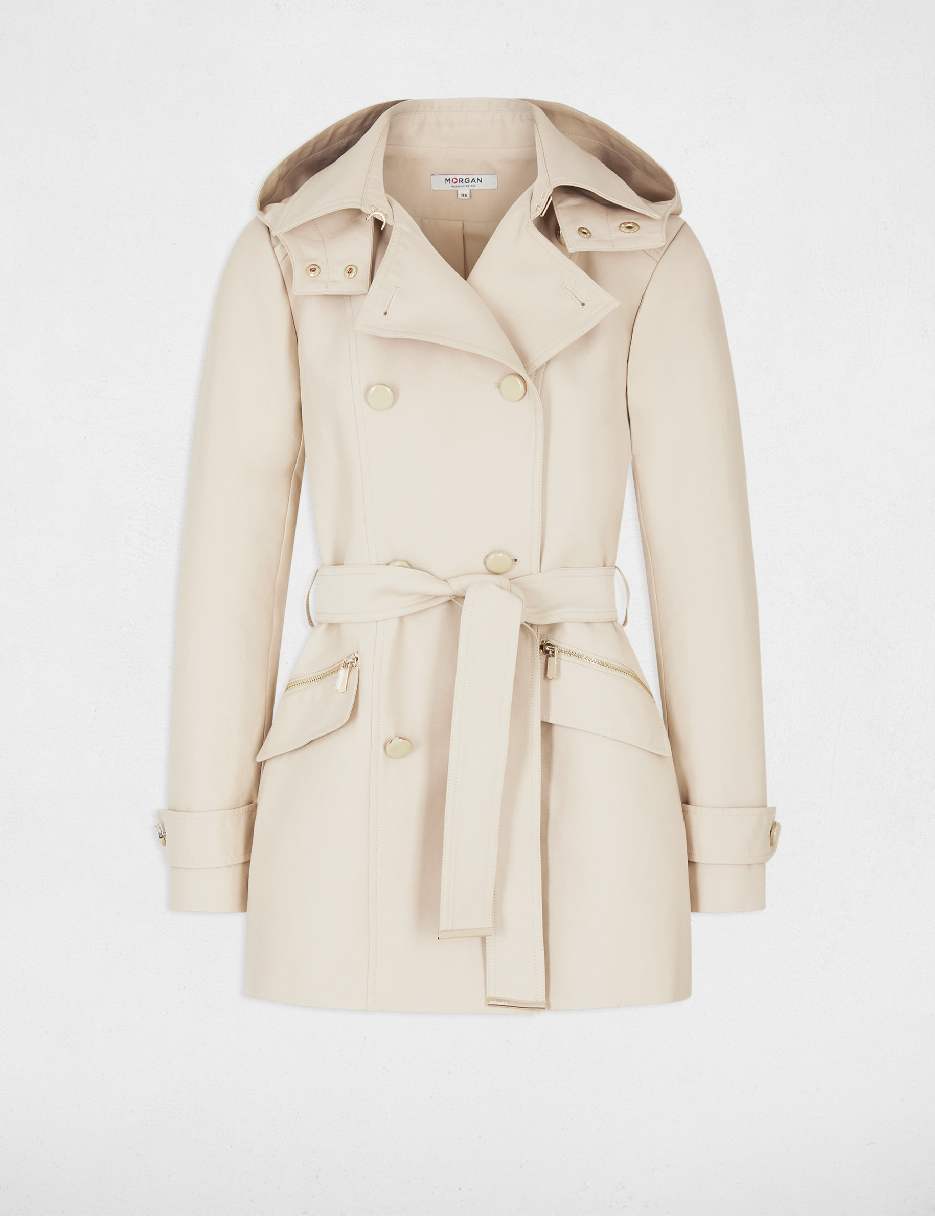 Waisted belted trenchcoat with hood sand women