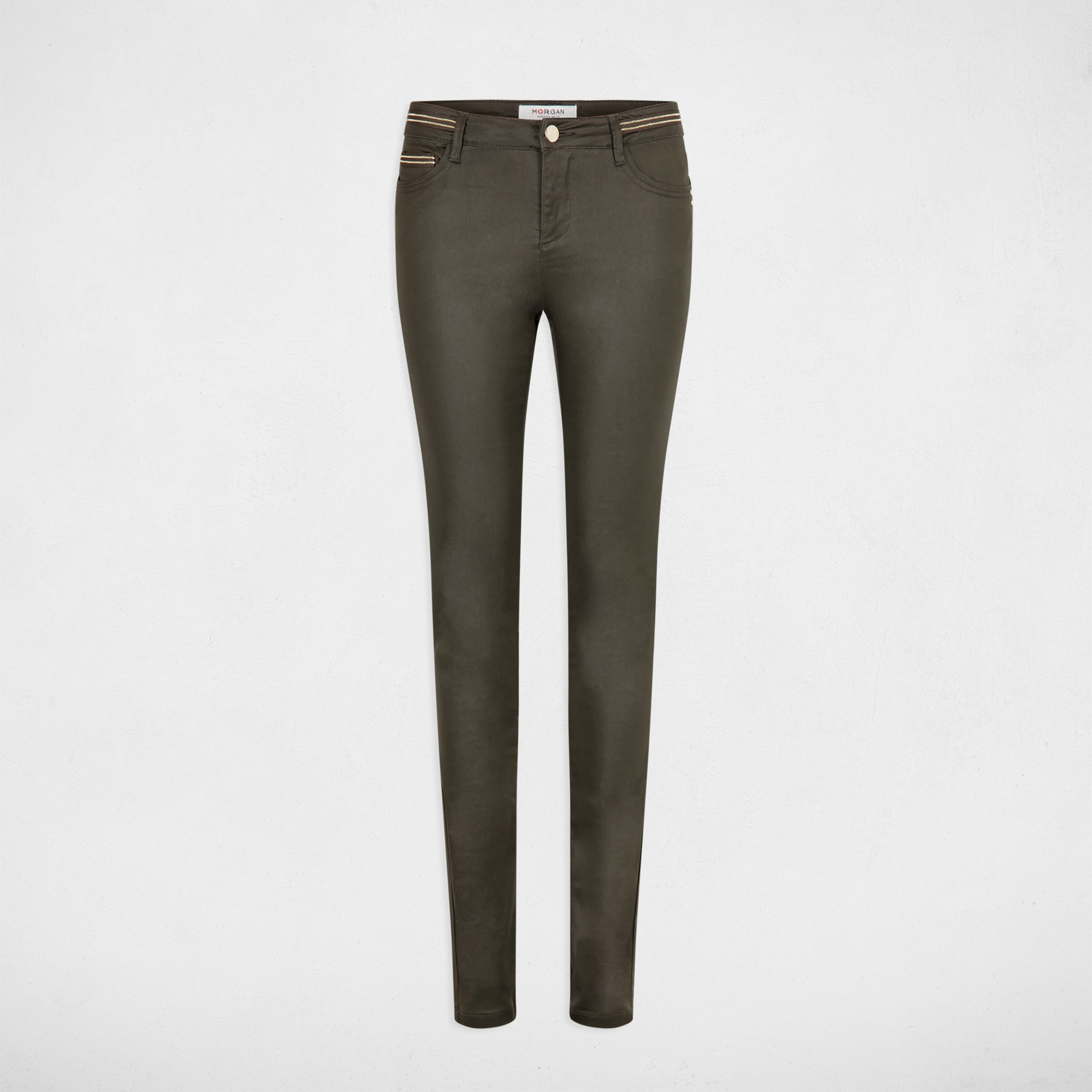 Slim trousers with wet effect dark green women