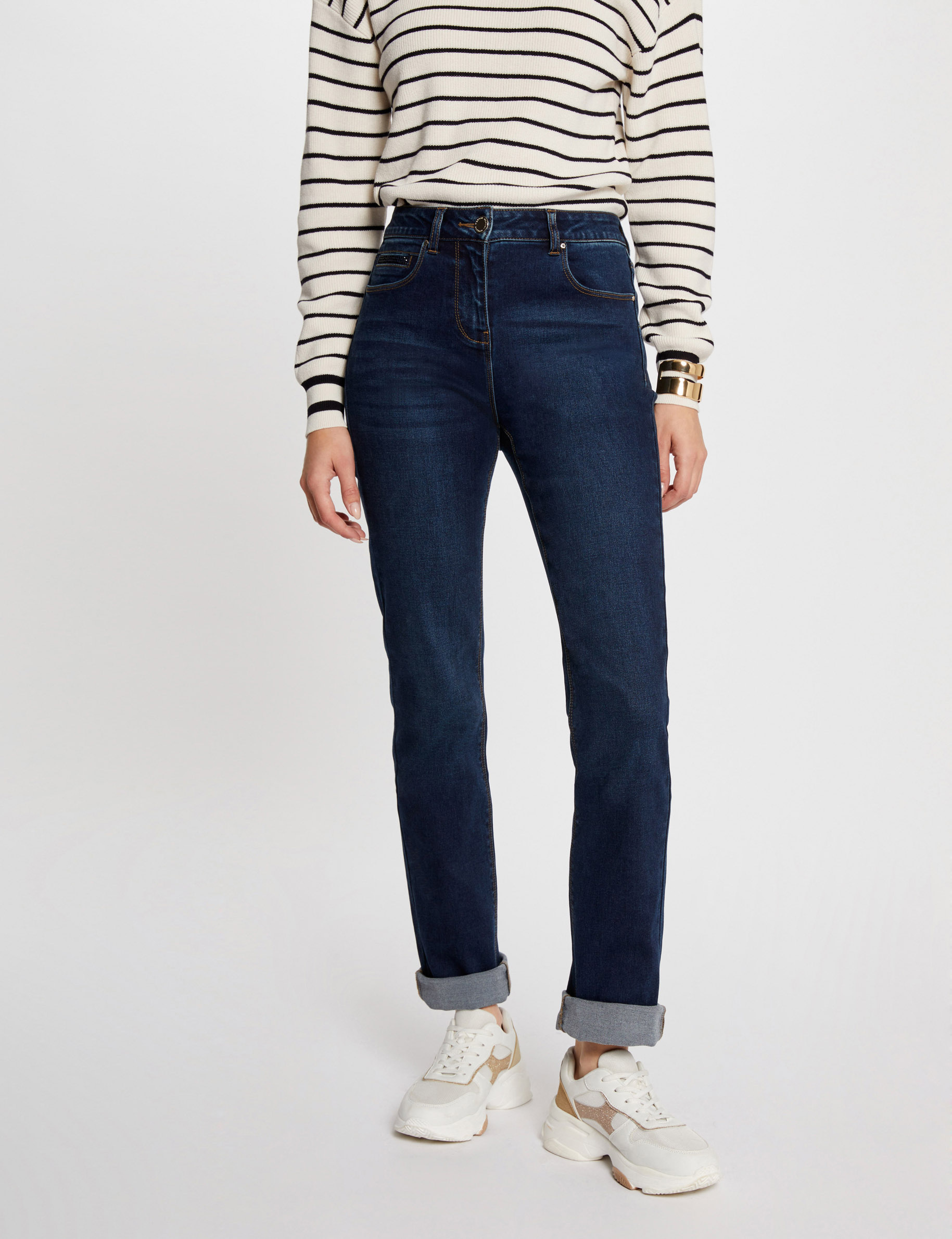 High-waisted straight jeans raw denim women