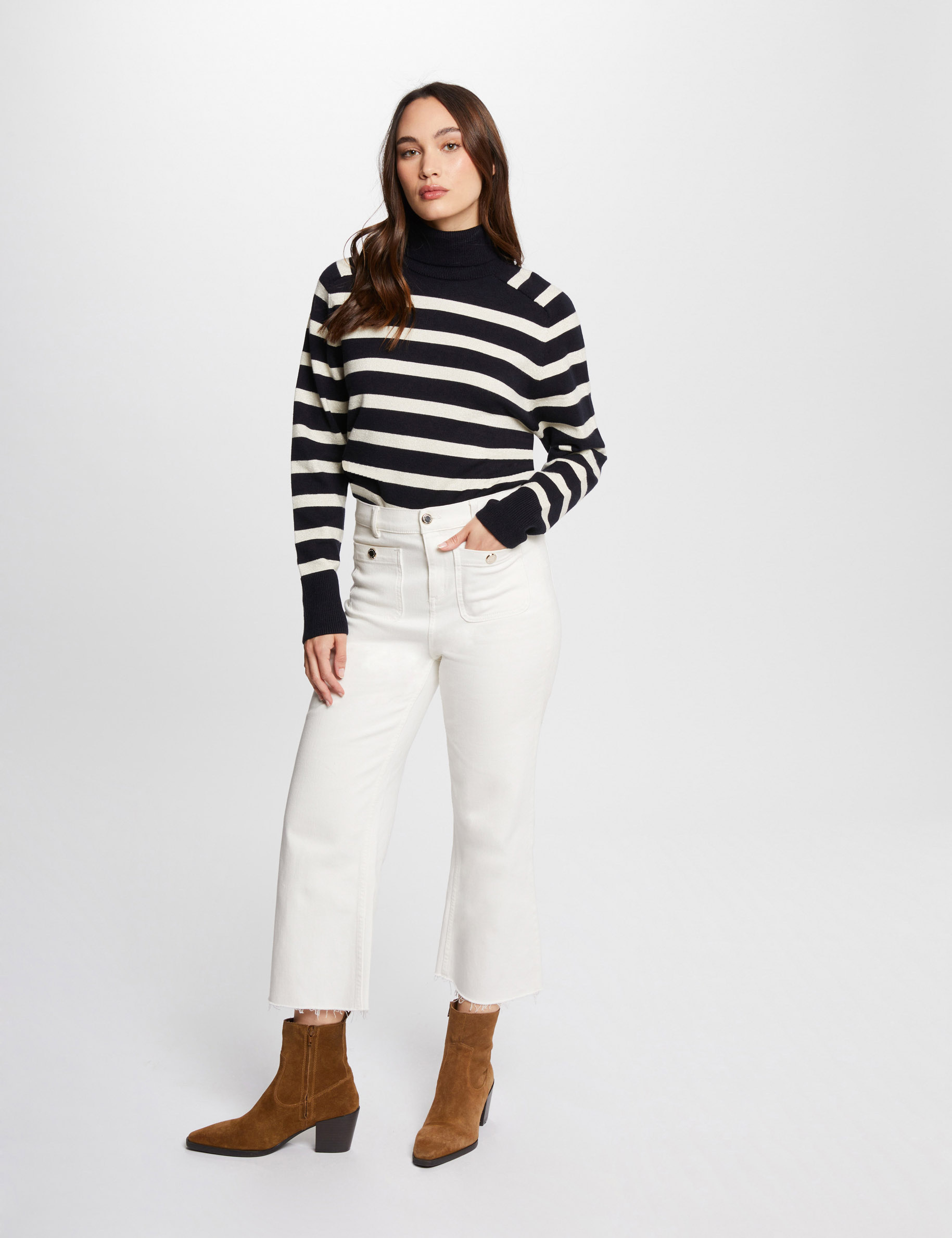 Pull col roulé à rayures marine femme