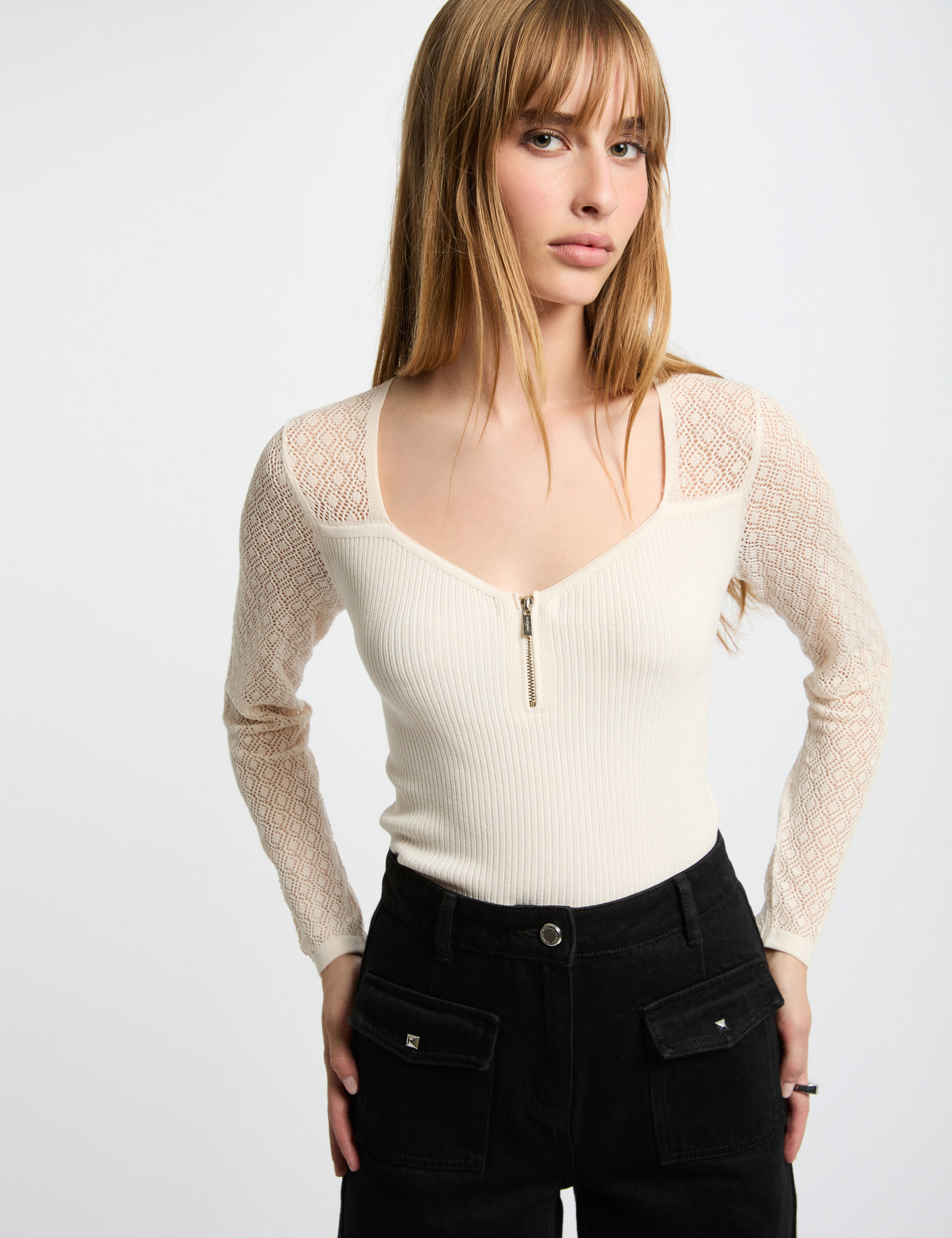 Jumper with openwork sleeves ivory women