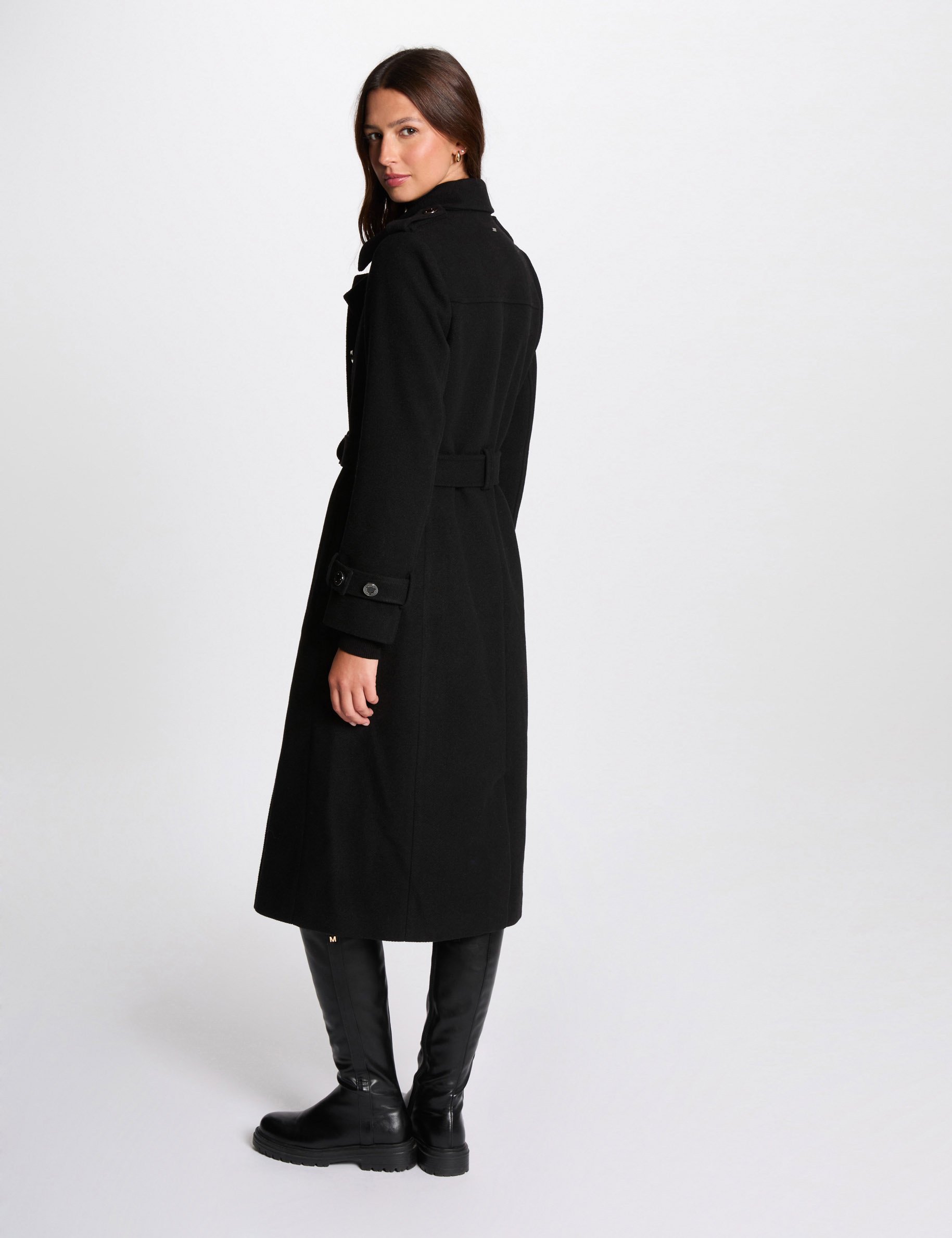 Belted long coat black women