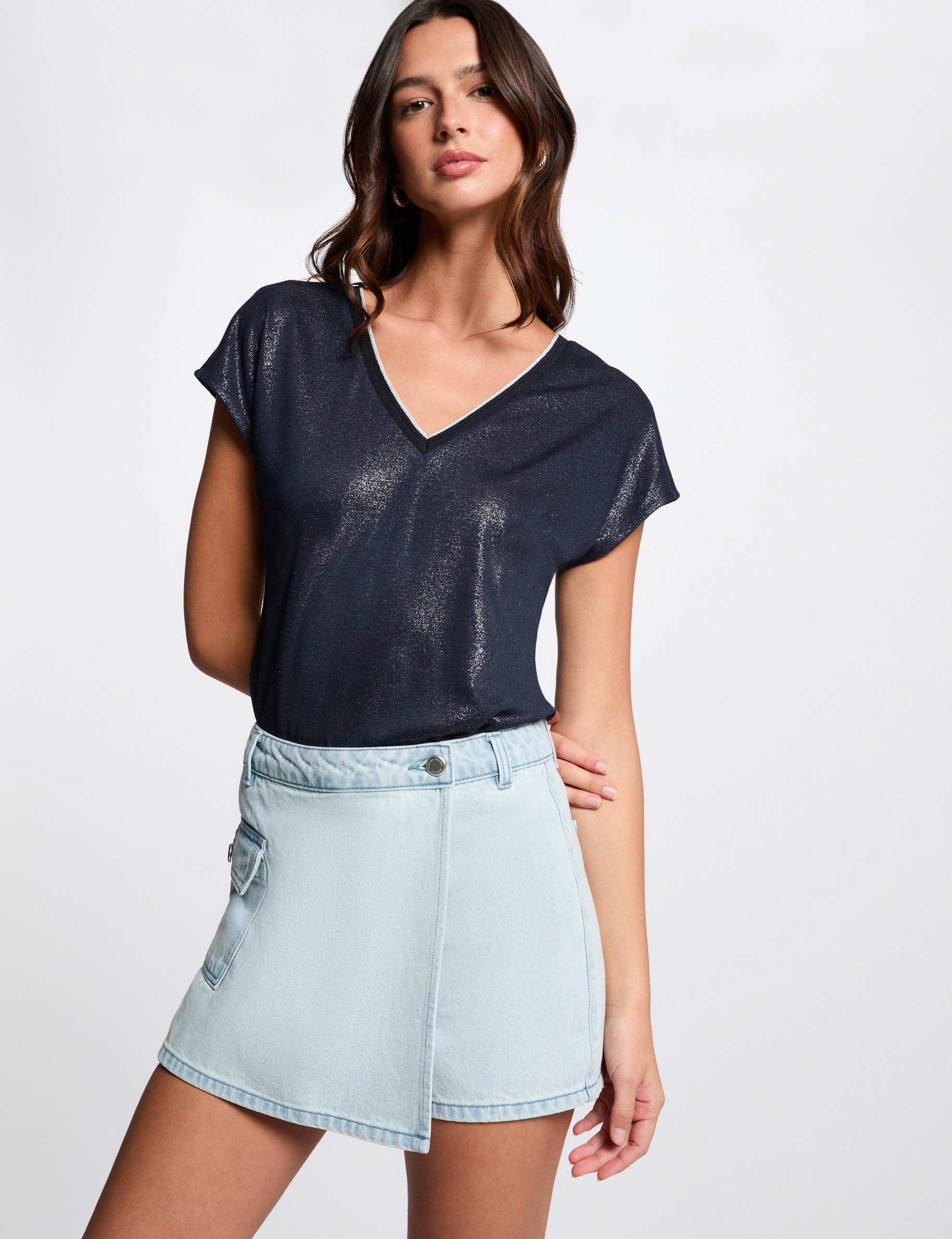 Low-waisted denim skort bleach denim women