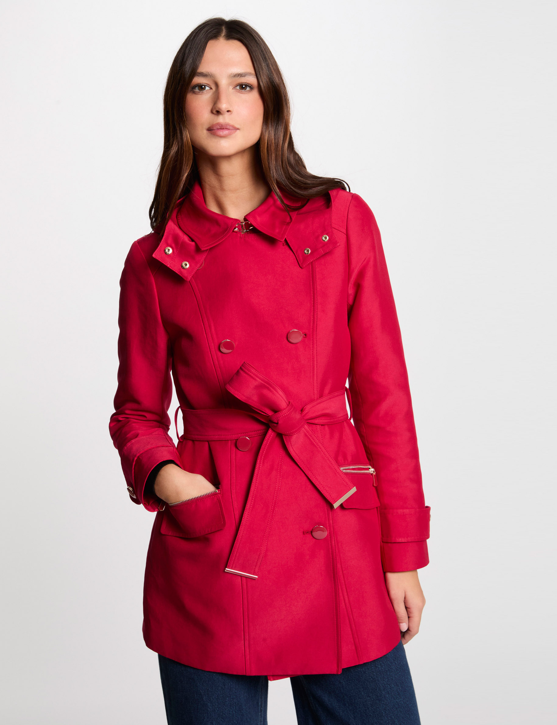 Waisted belted trenchcoat with hood red women