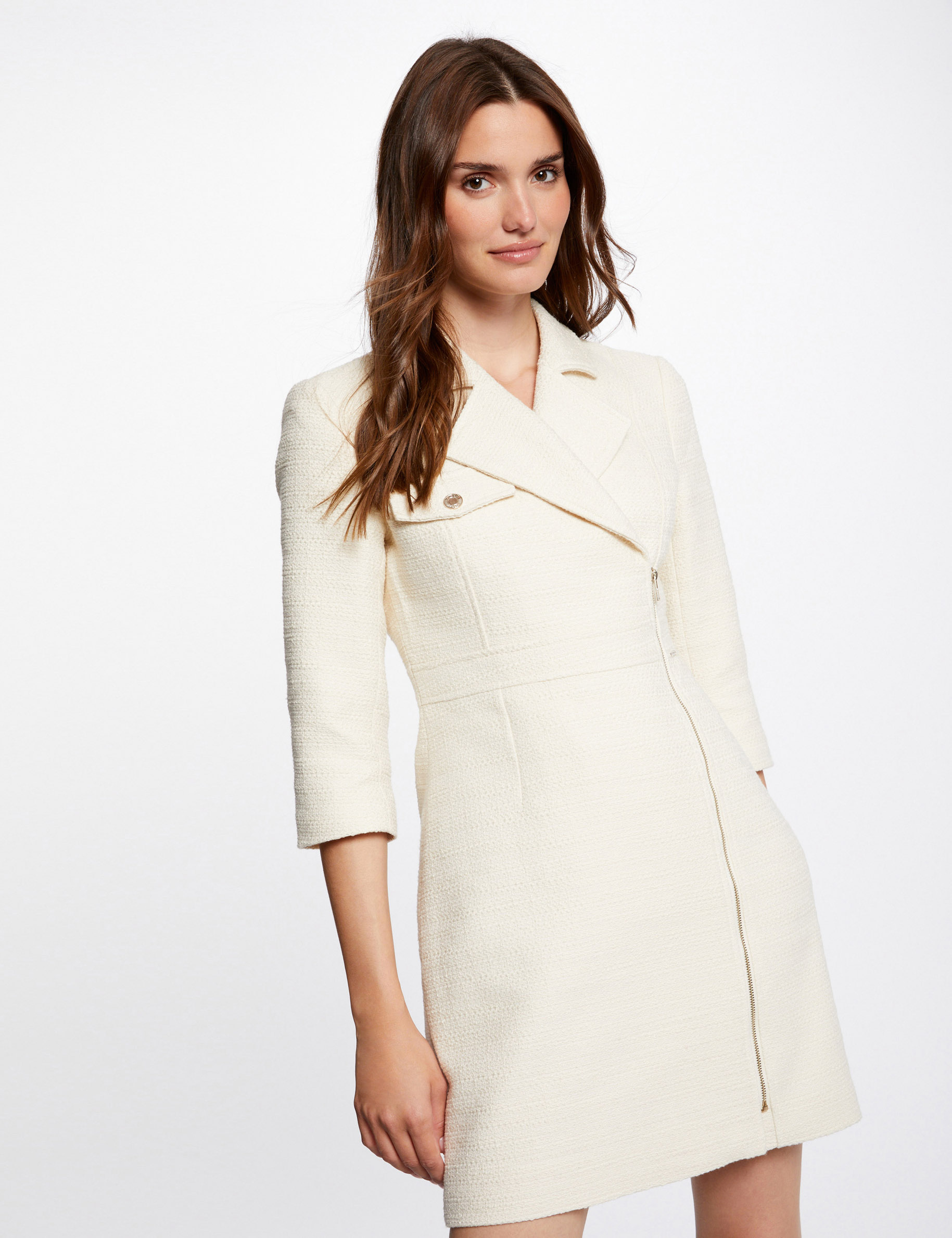 Zipped waisted dress 3/4-length sleeves ivory ladies' | Morgan