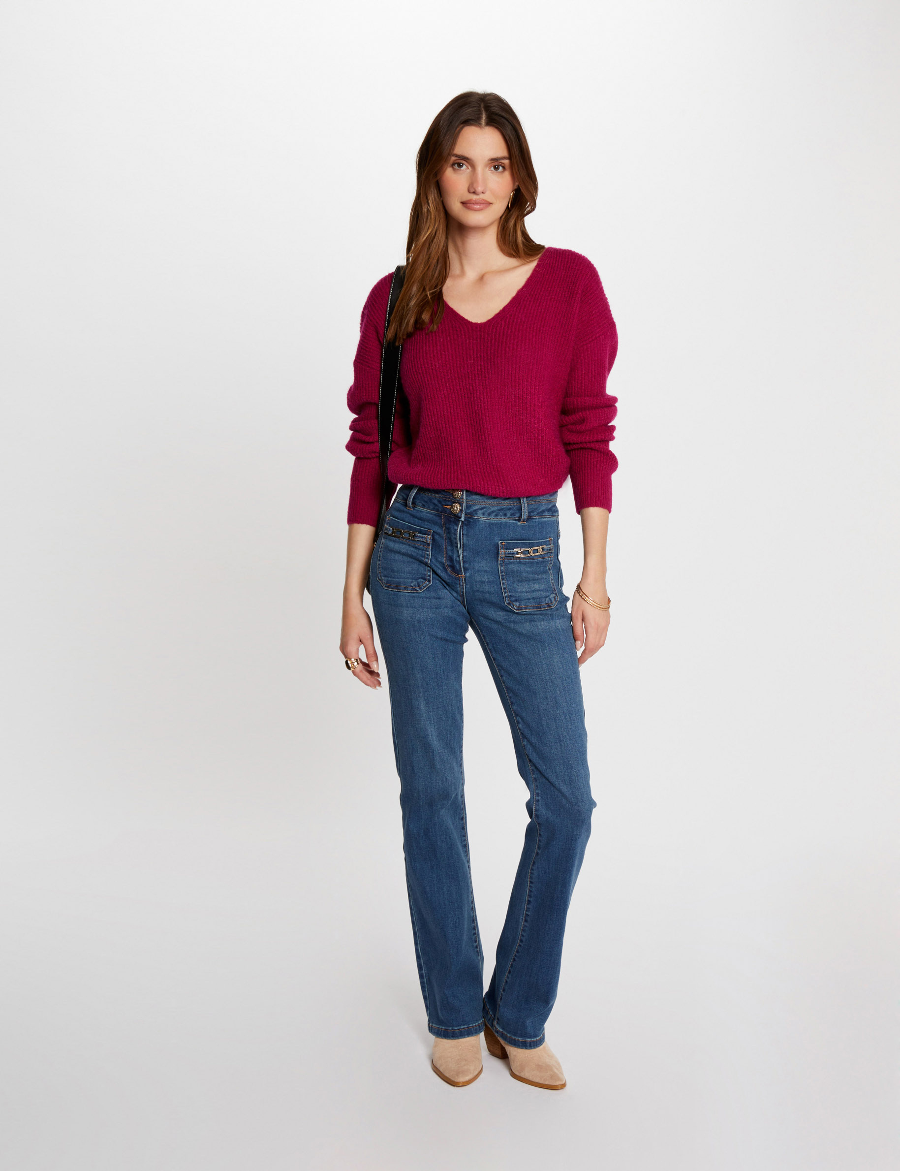 Jumper V-neck buttoned back dark pink women