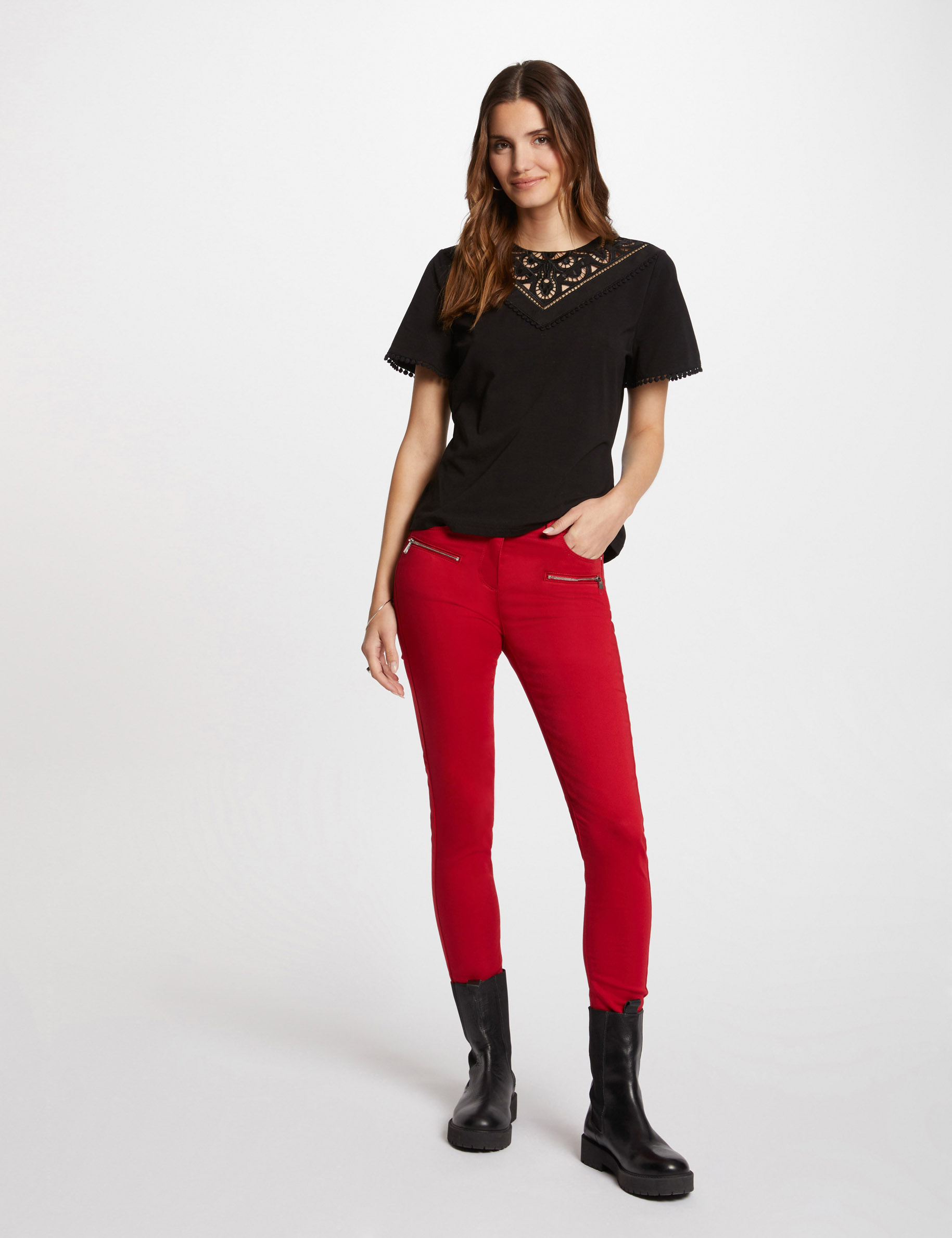 Jeans slim détails zippés rouge moyen femme