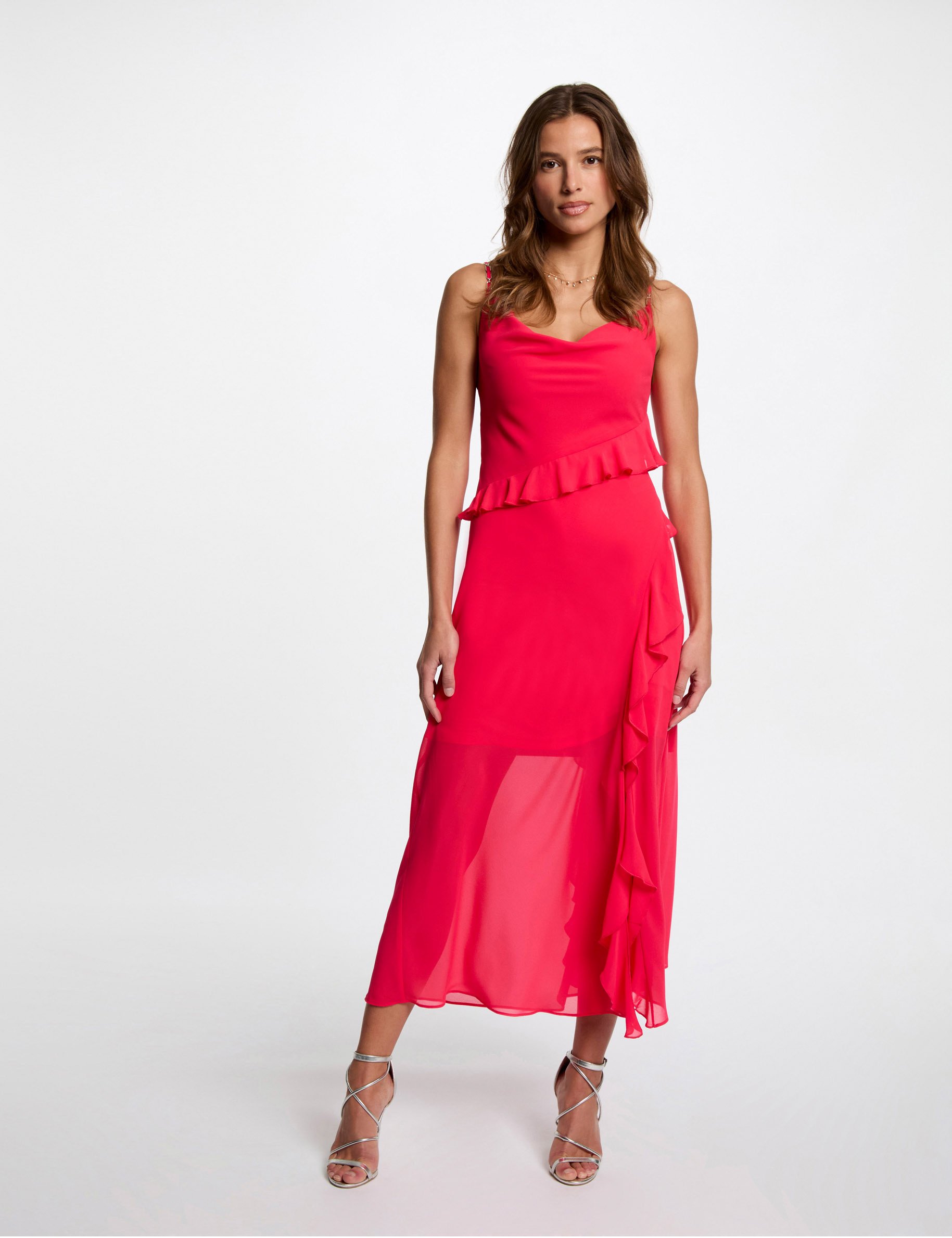 fitted midi dress ruffles fuchsia pink women Fitted midi dress ruffles fuchsia pink women