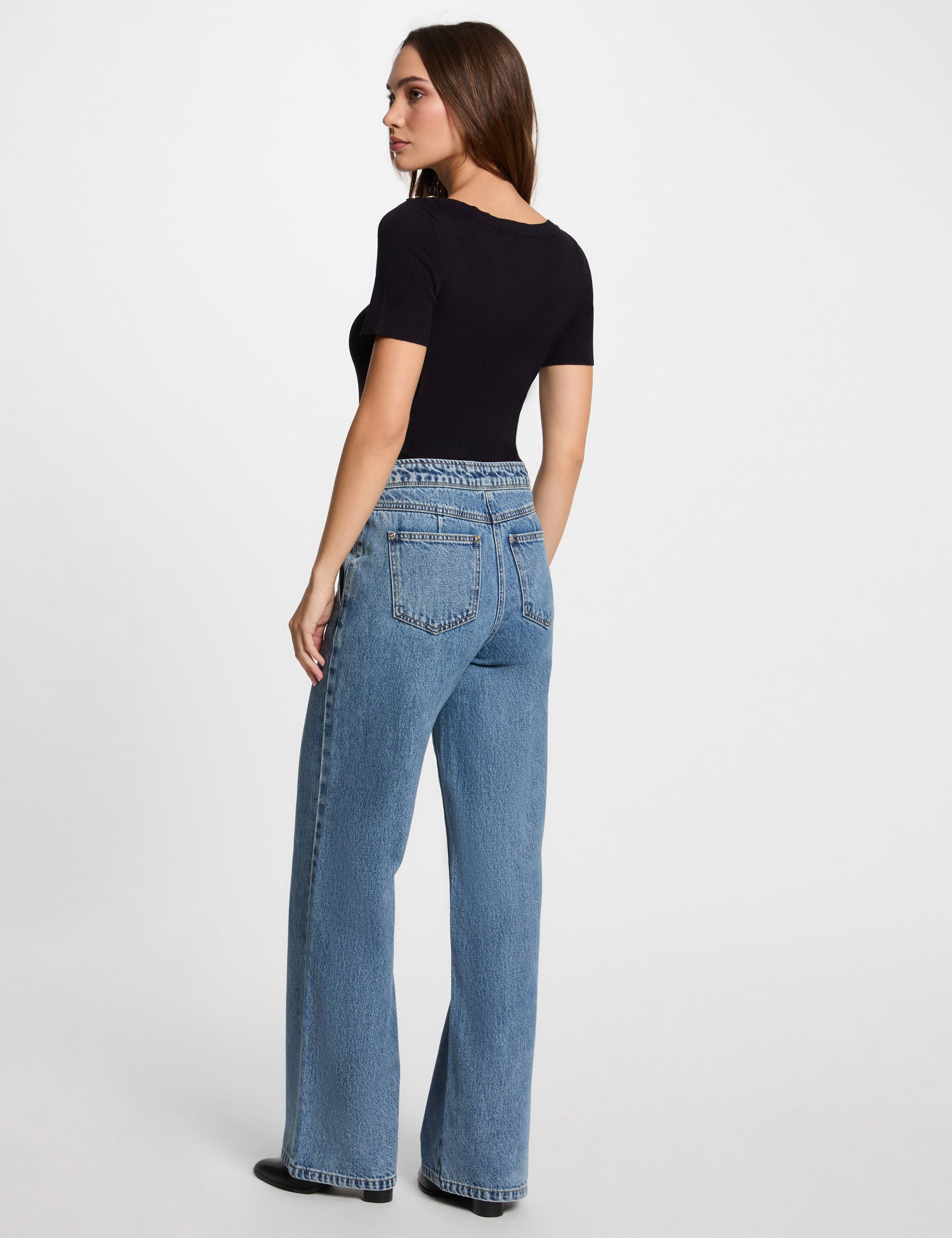 High-waisted bootcut jeans heavy stone wash denim women