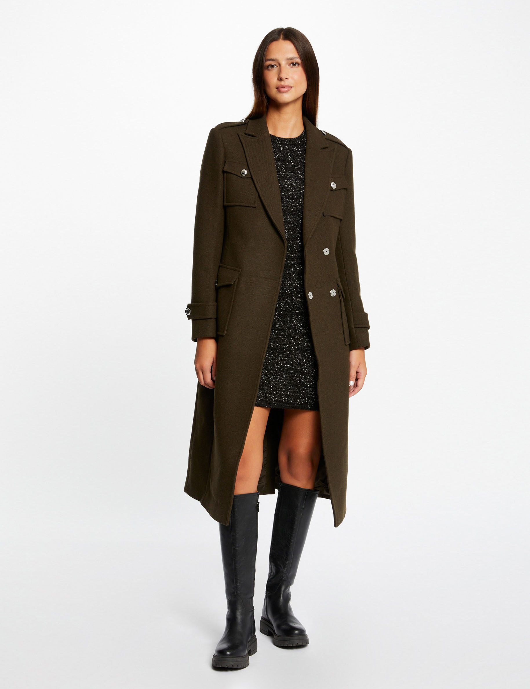 Long waisted coat with belt dark green women