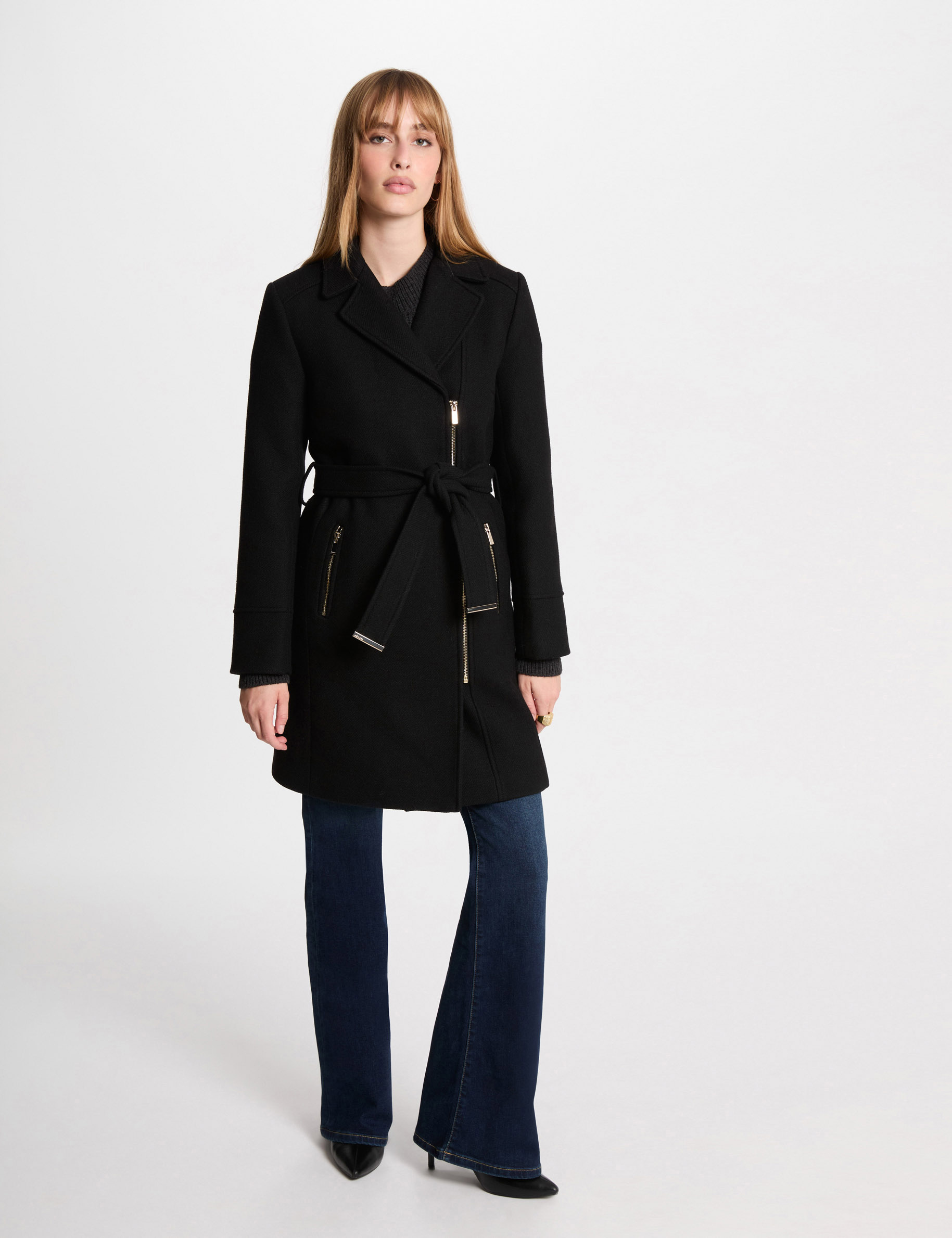 Belted long coat black women Morgan