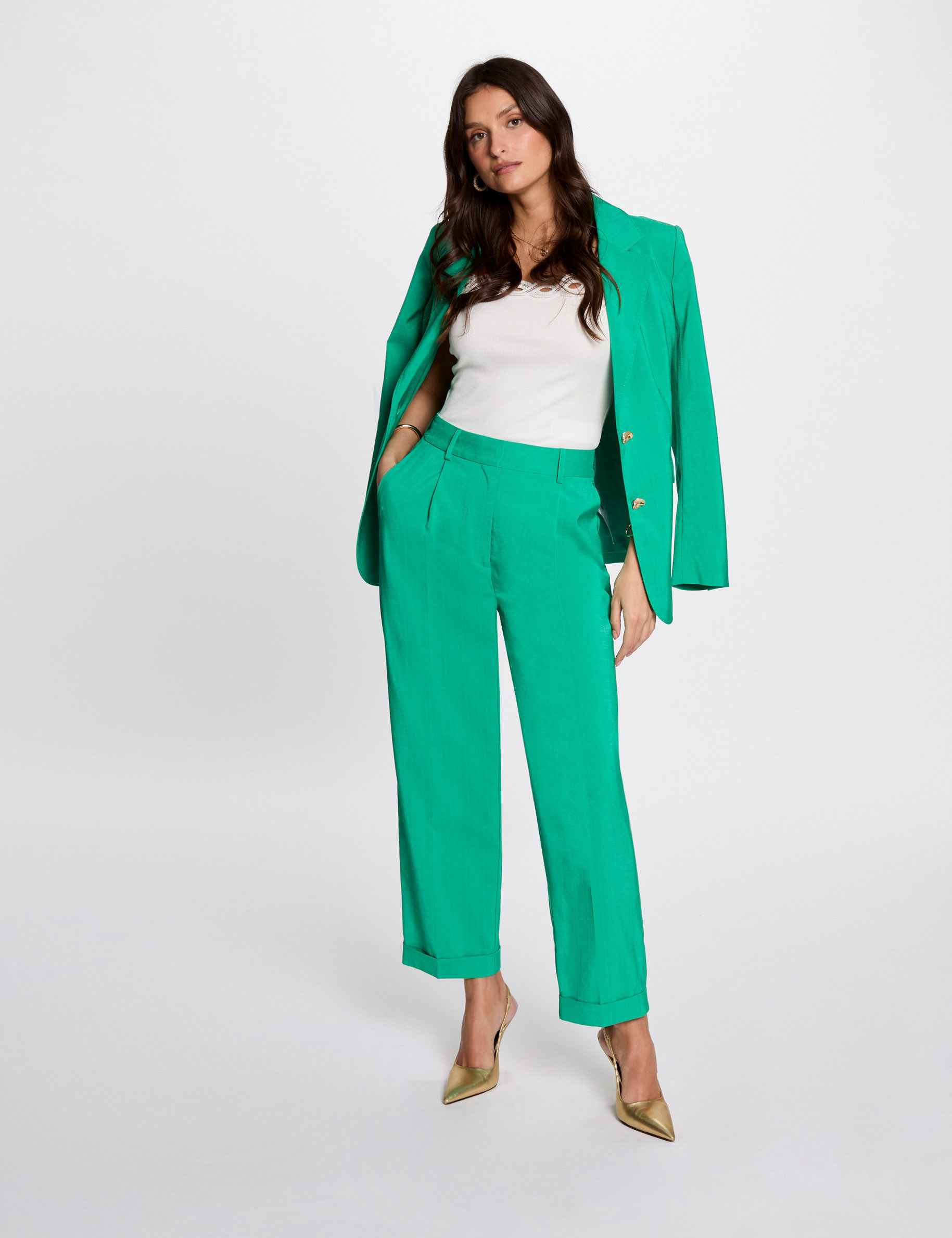 Straight trousers with darts emerald green women