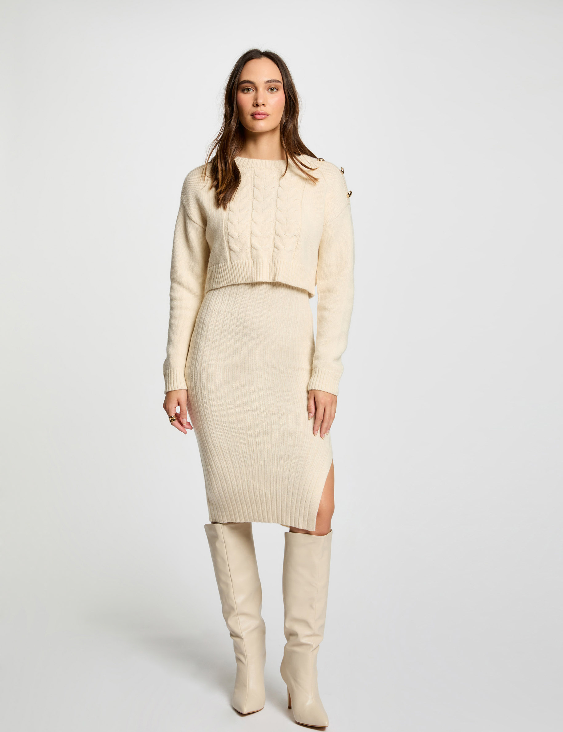 Fitted 2 in 1 knitted dress ivory women