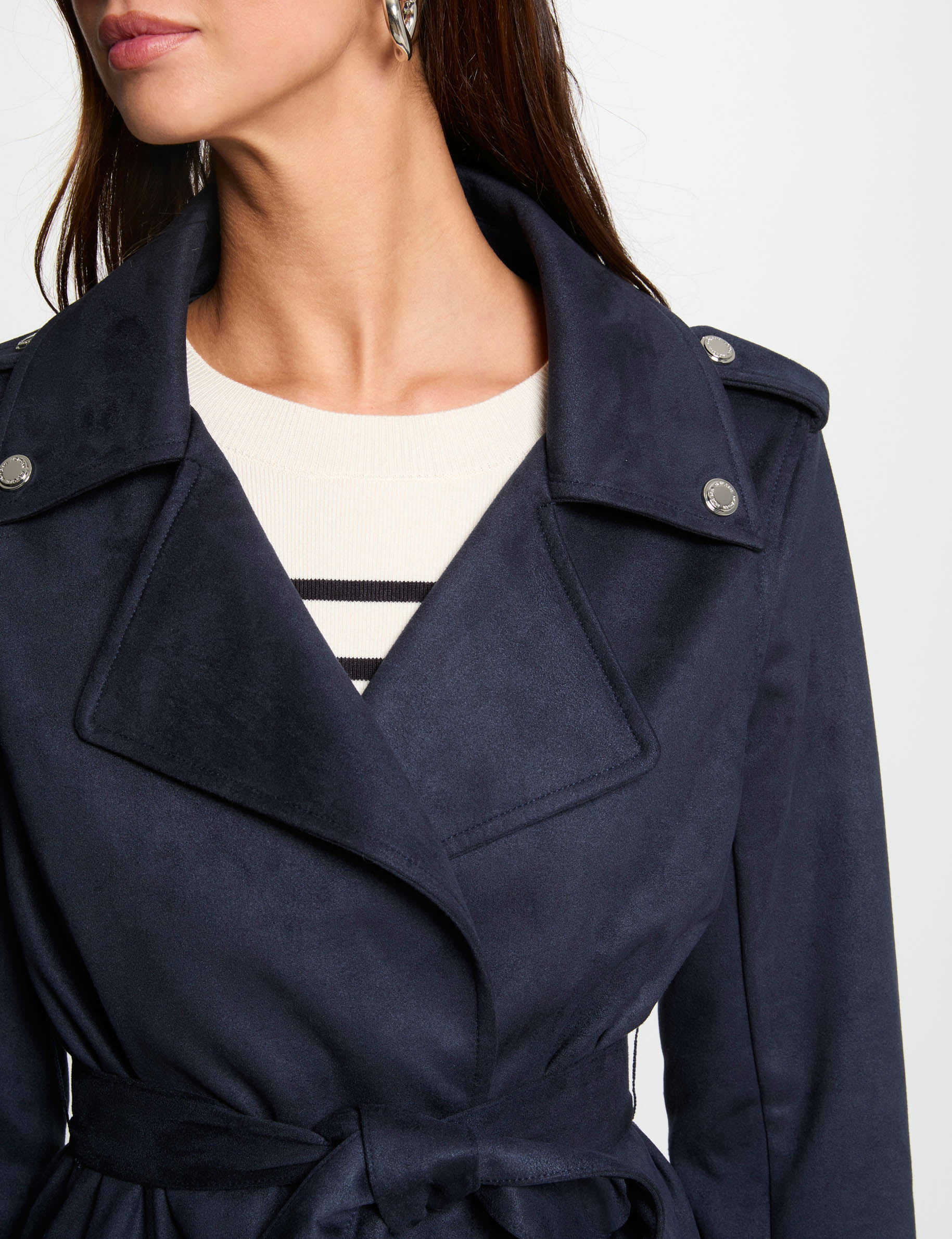 Belted long suede coat navy blue women