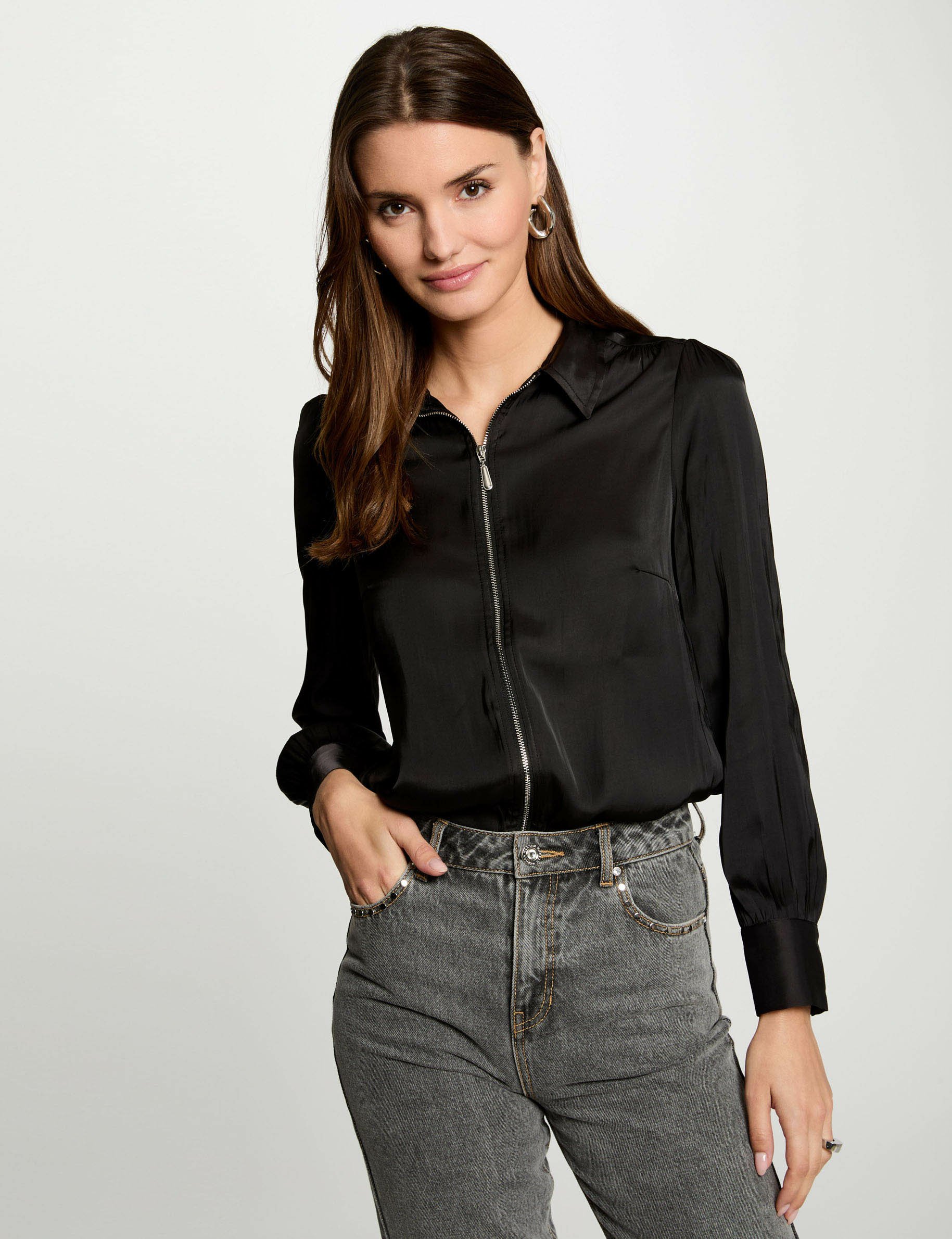 Long-sleeved satin shirt black women