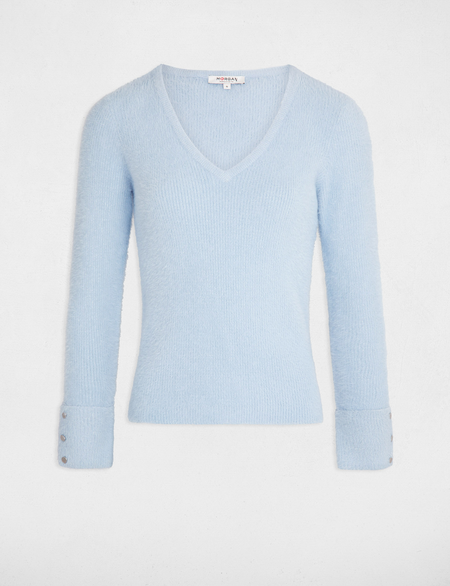 Pull manches longues avec col en V bleu moyen femme