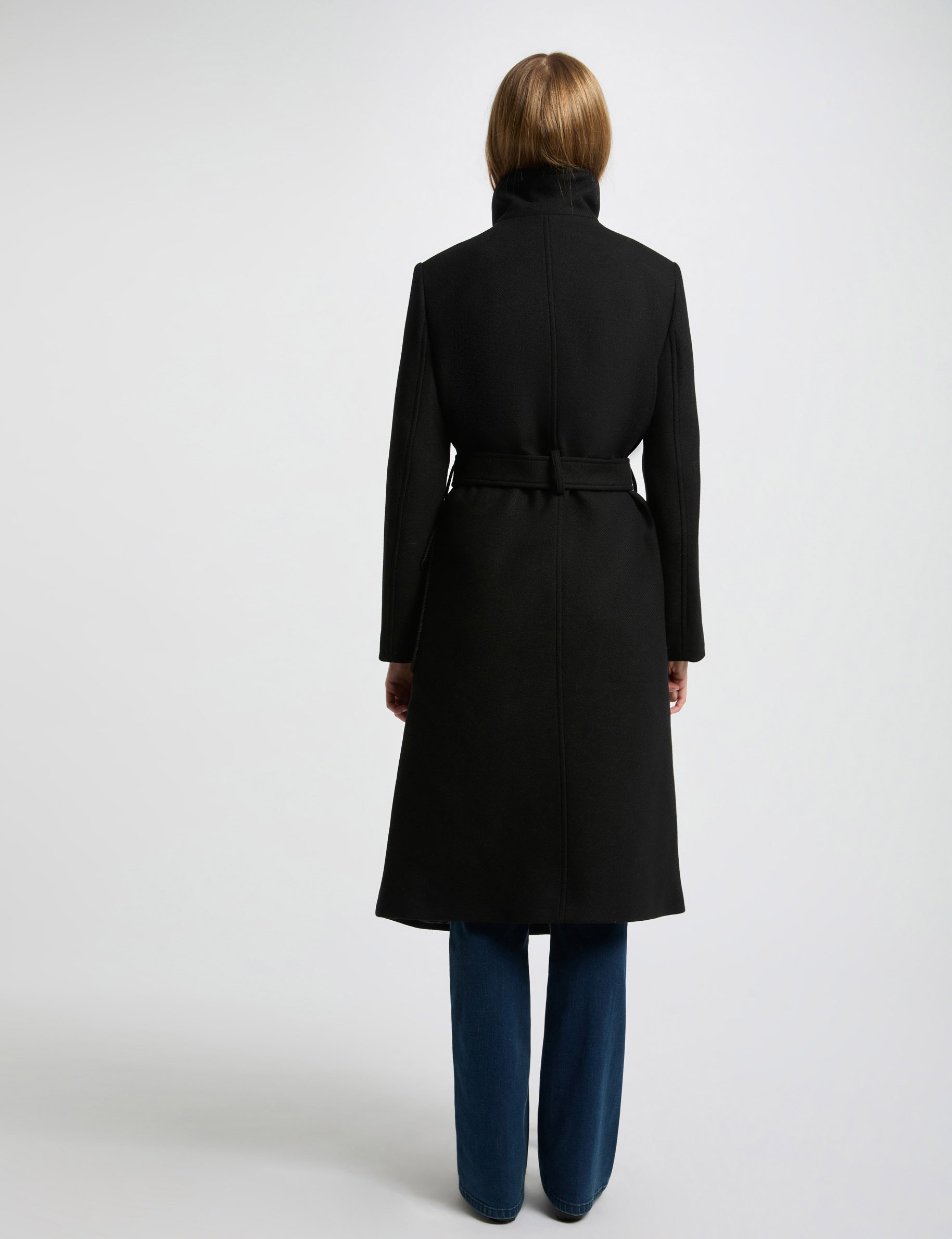 Belted long coat black women