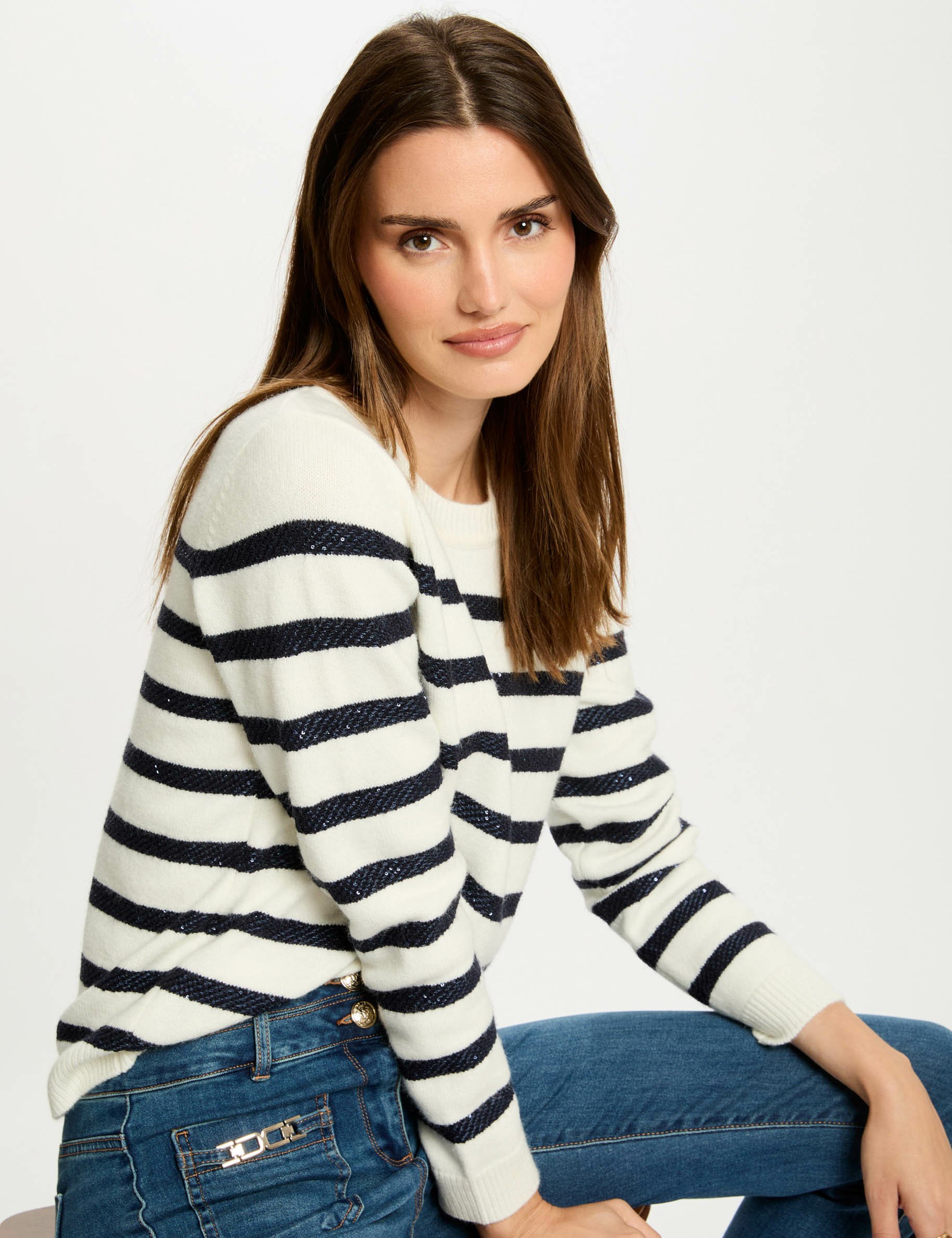 Stripped jumper round neck ecru women