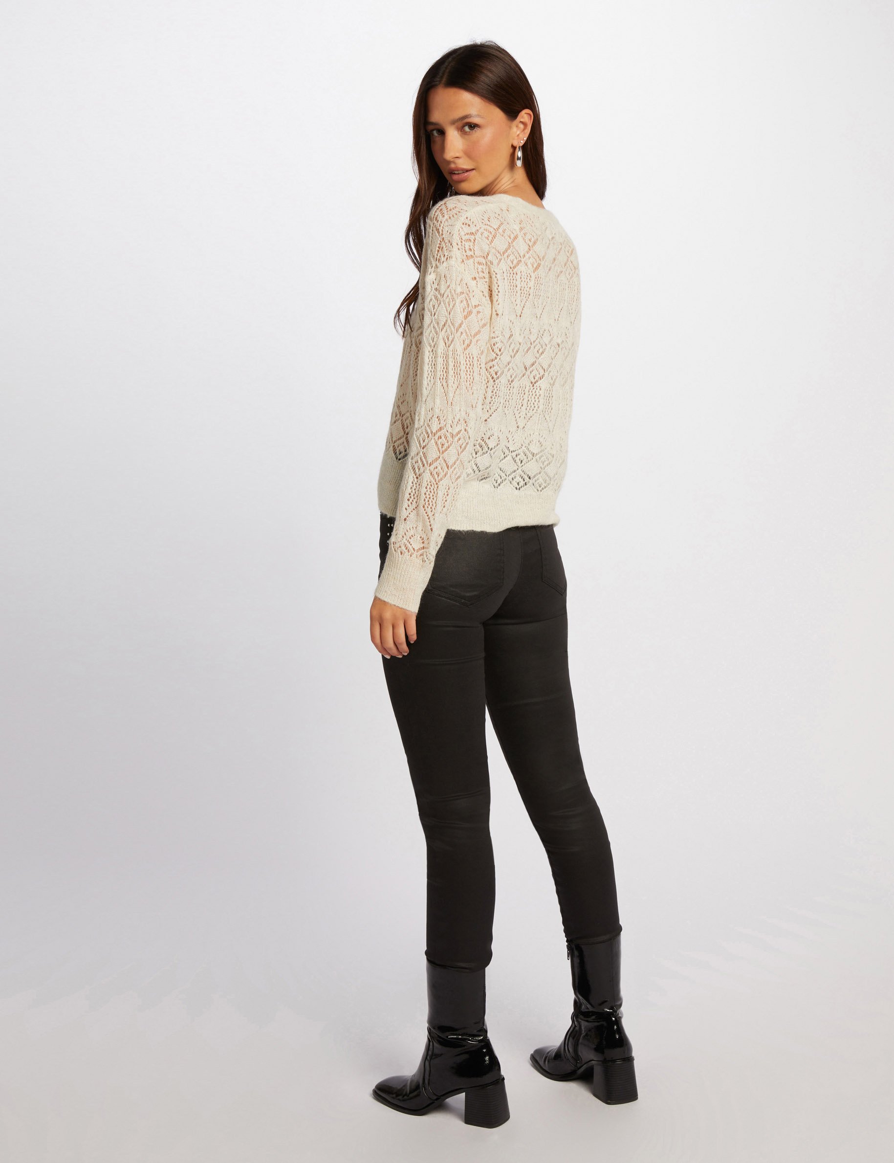 Openwork cardigan V-neck ivory women