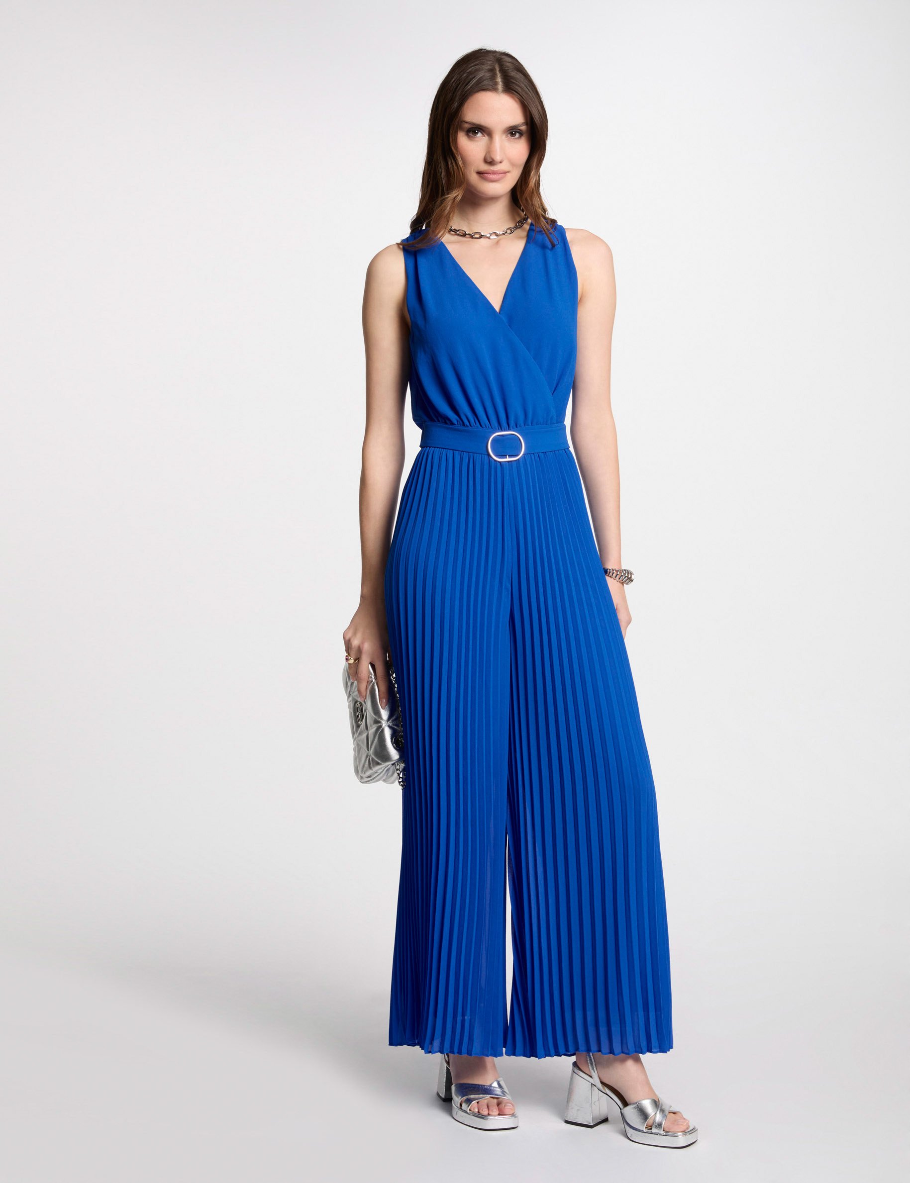 Loose jumpsuit with pleated legs electric blue women