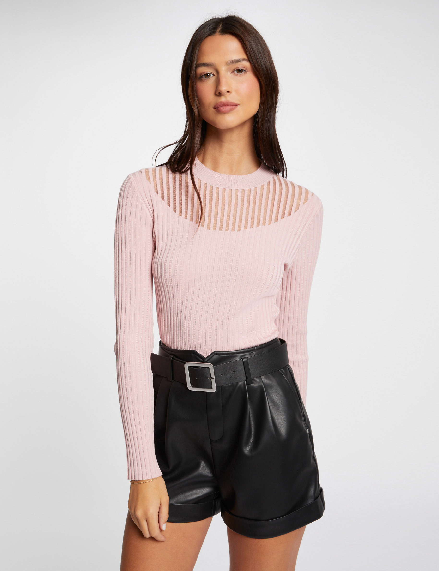 Pull manches longues col montant rose clair femme