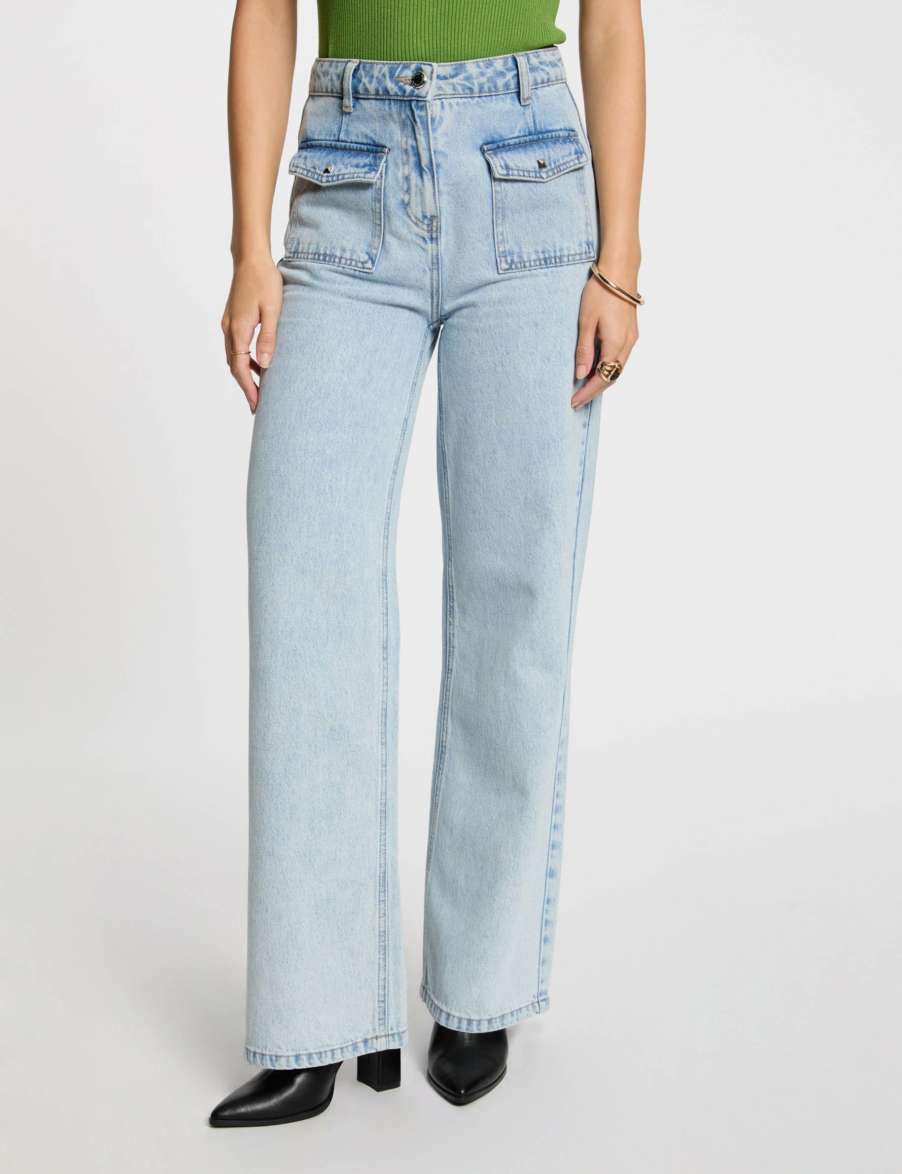 High-waisted wide leg jeans bleach denim women