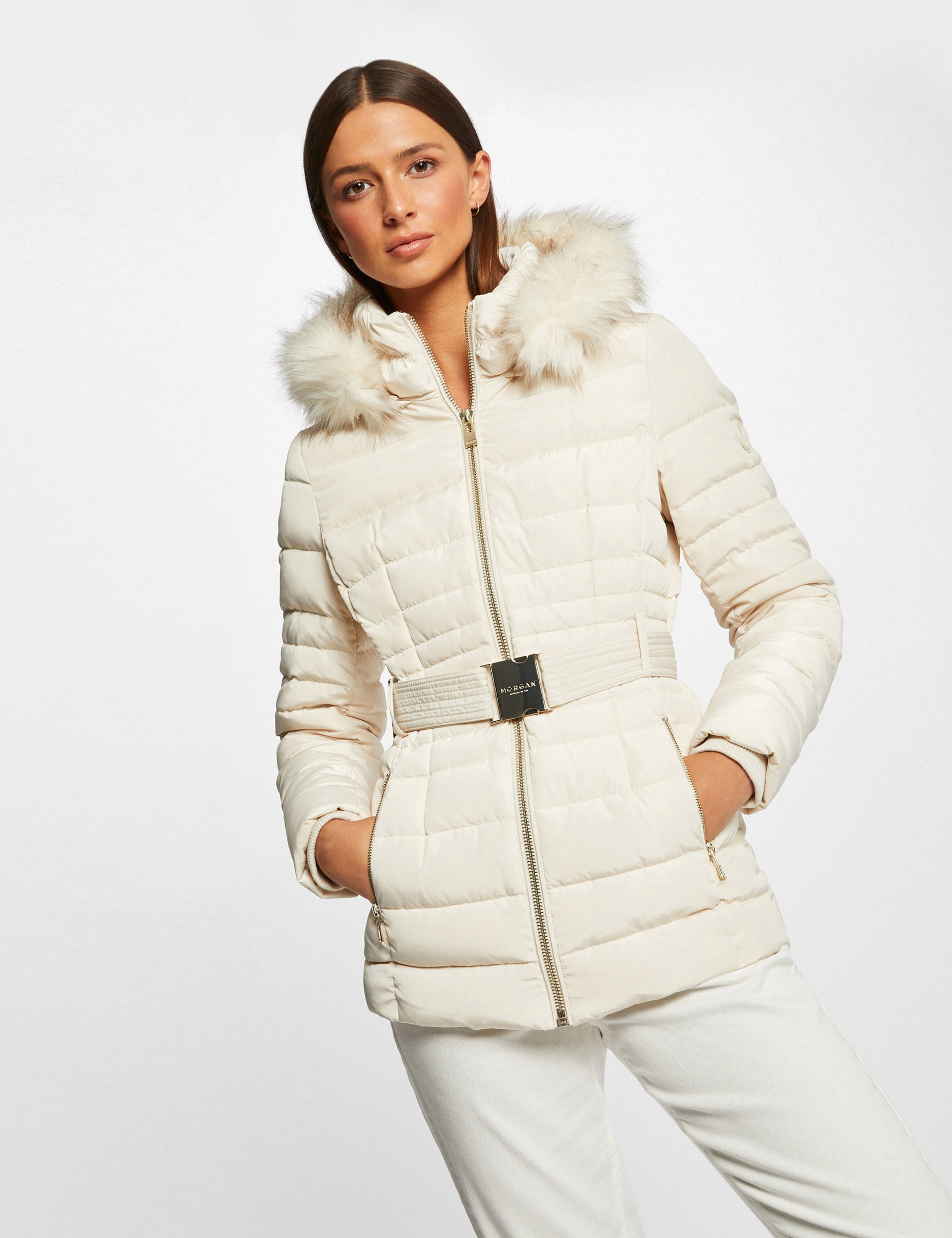 Belted waisted padded jacket with hood ivory women