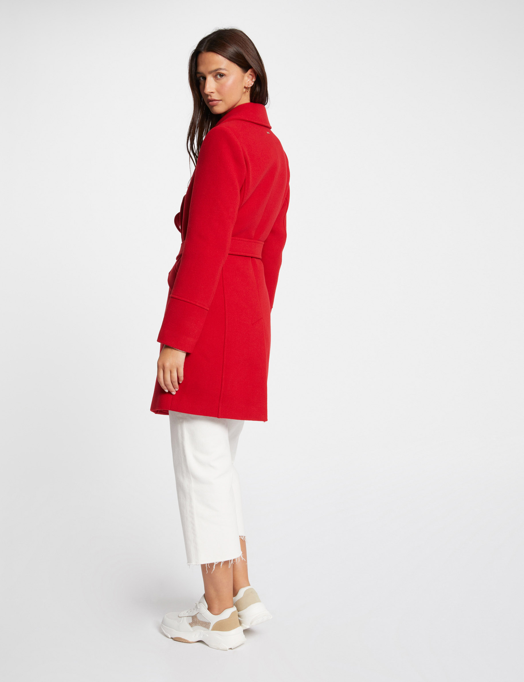 Belted long coat red women