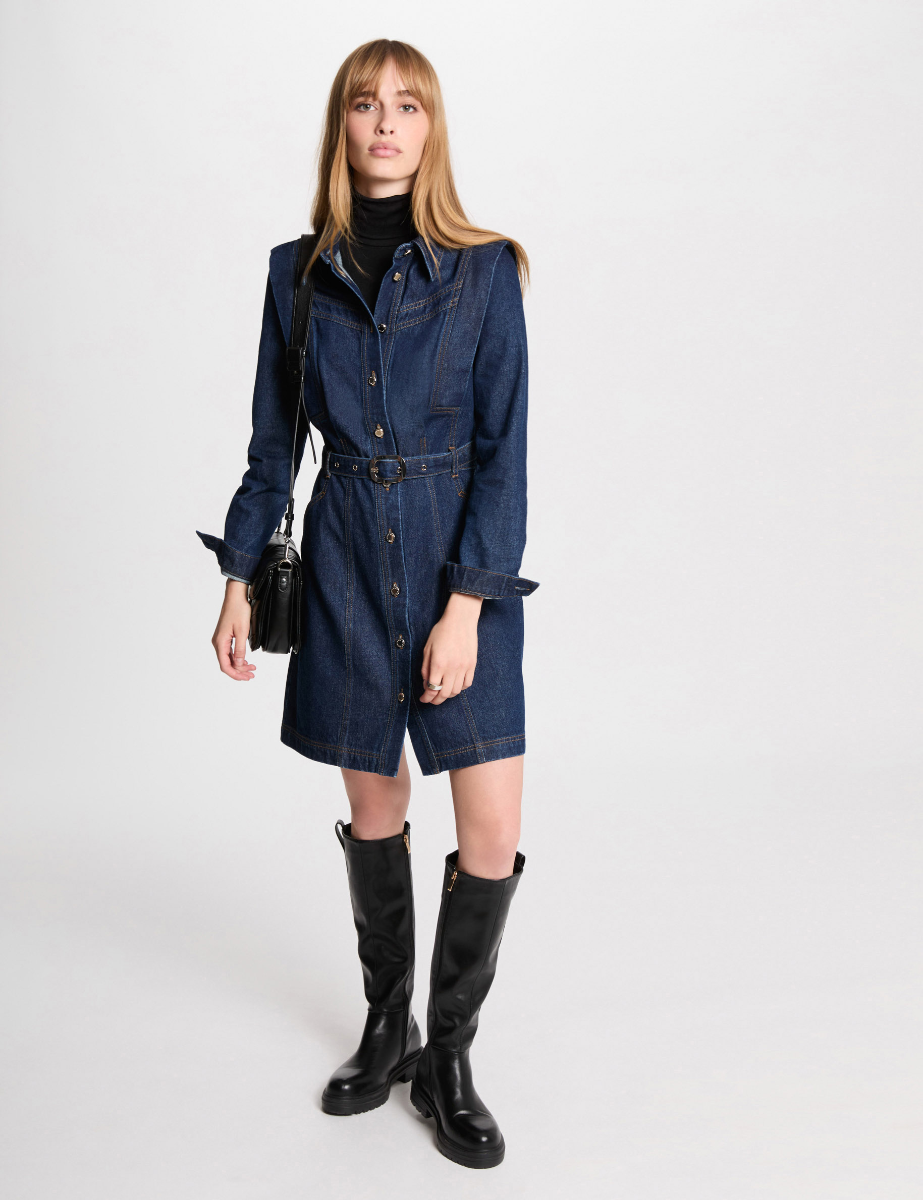 Fitted buttoned denim dress raw denim women