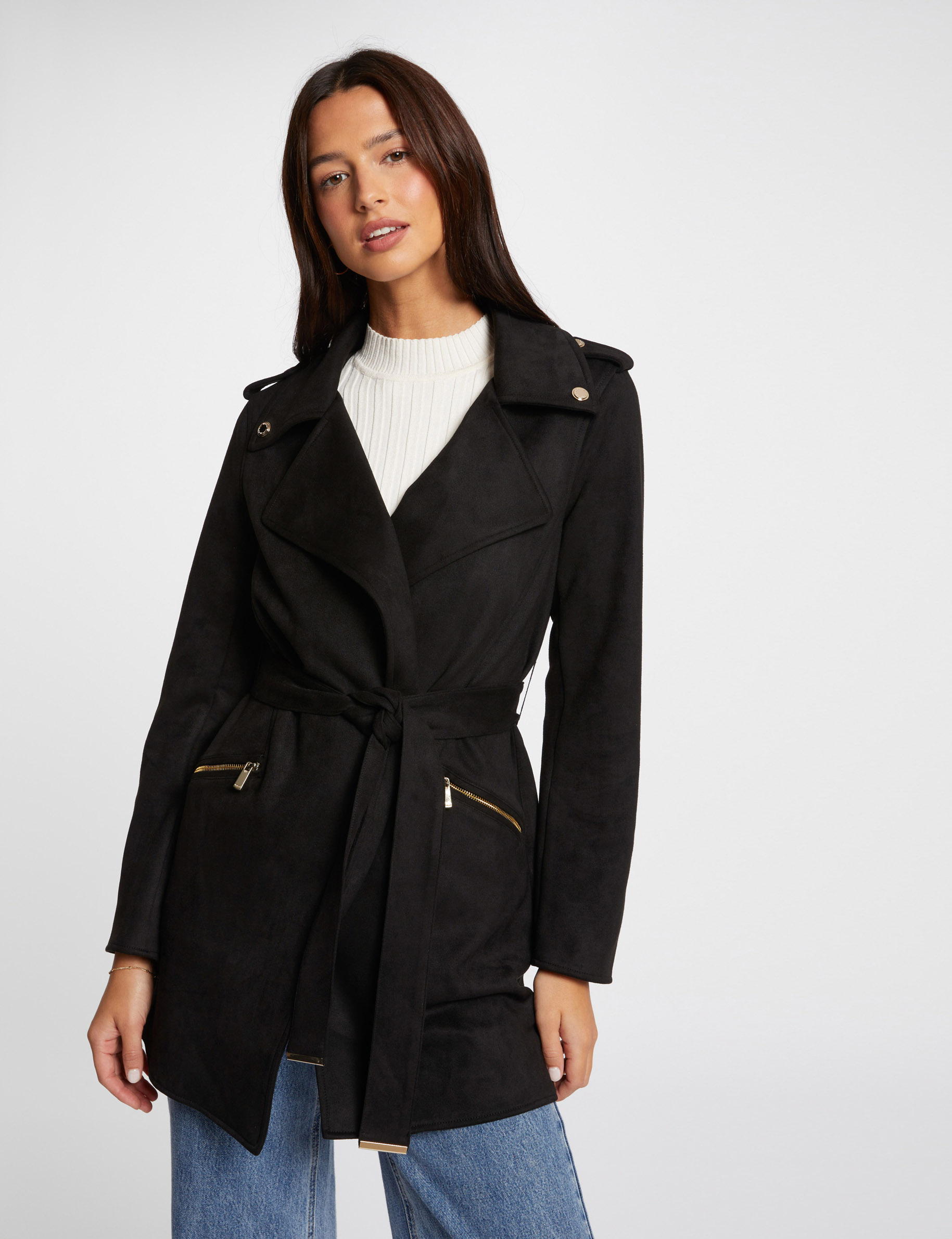 Belted long suede coat black women Morgan