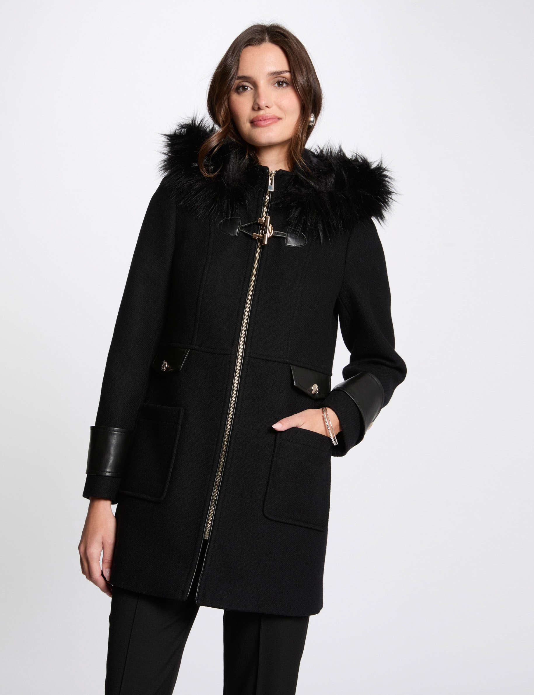 Coat faux leather details black women