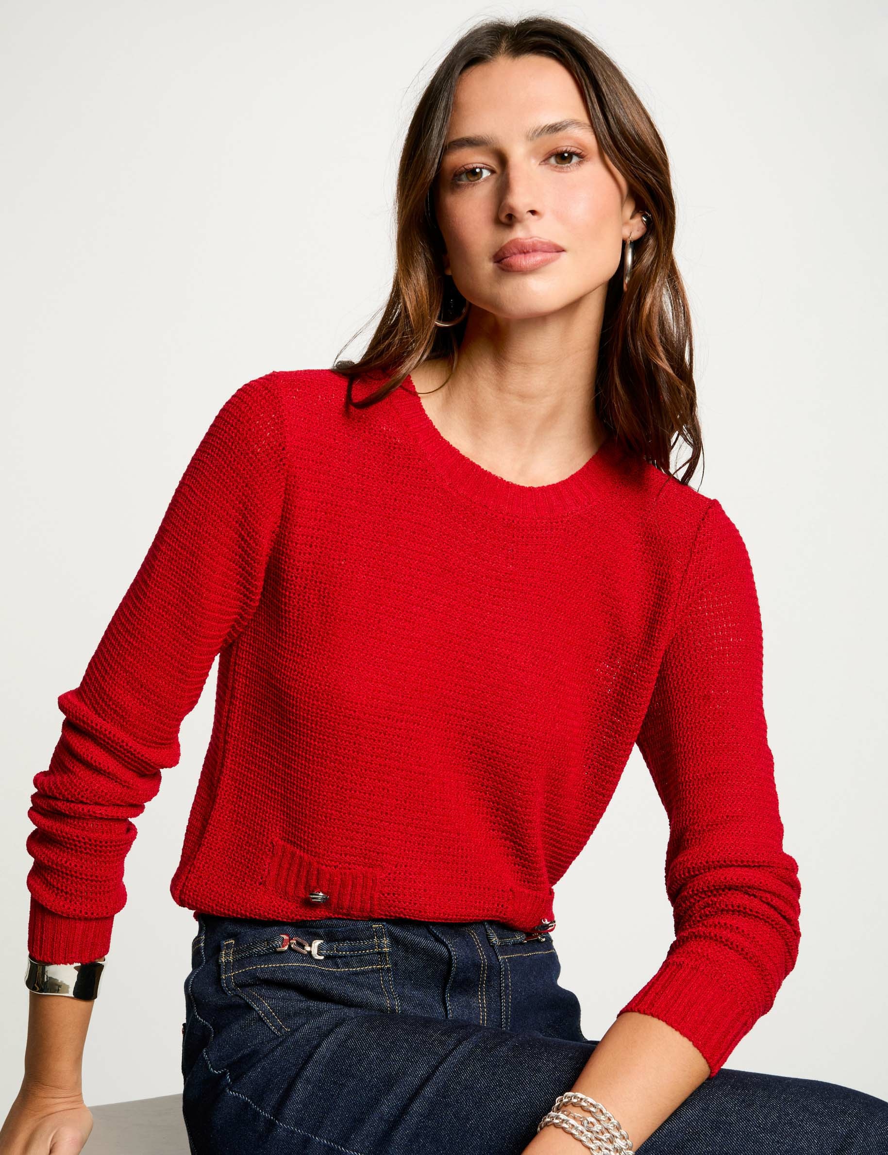 Jumper openwork and round neck red women