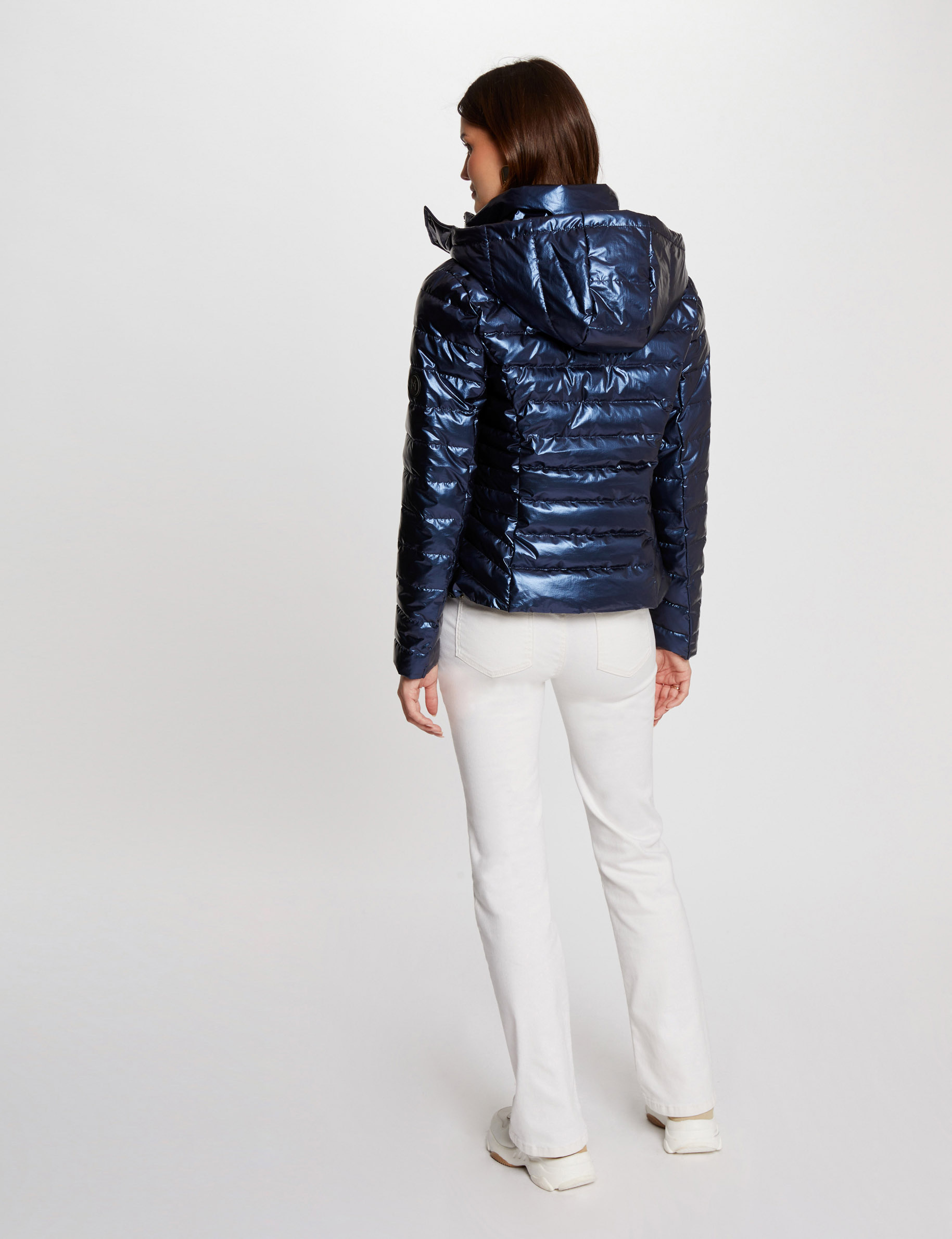 Metallised padded jacket hood blue women