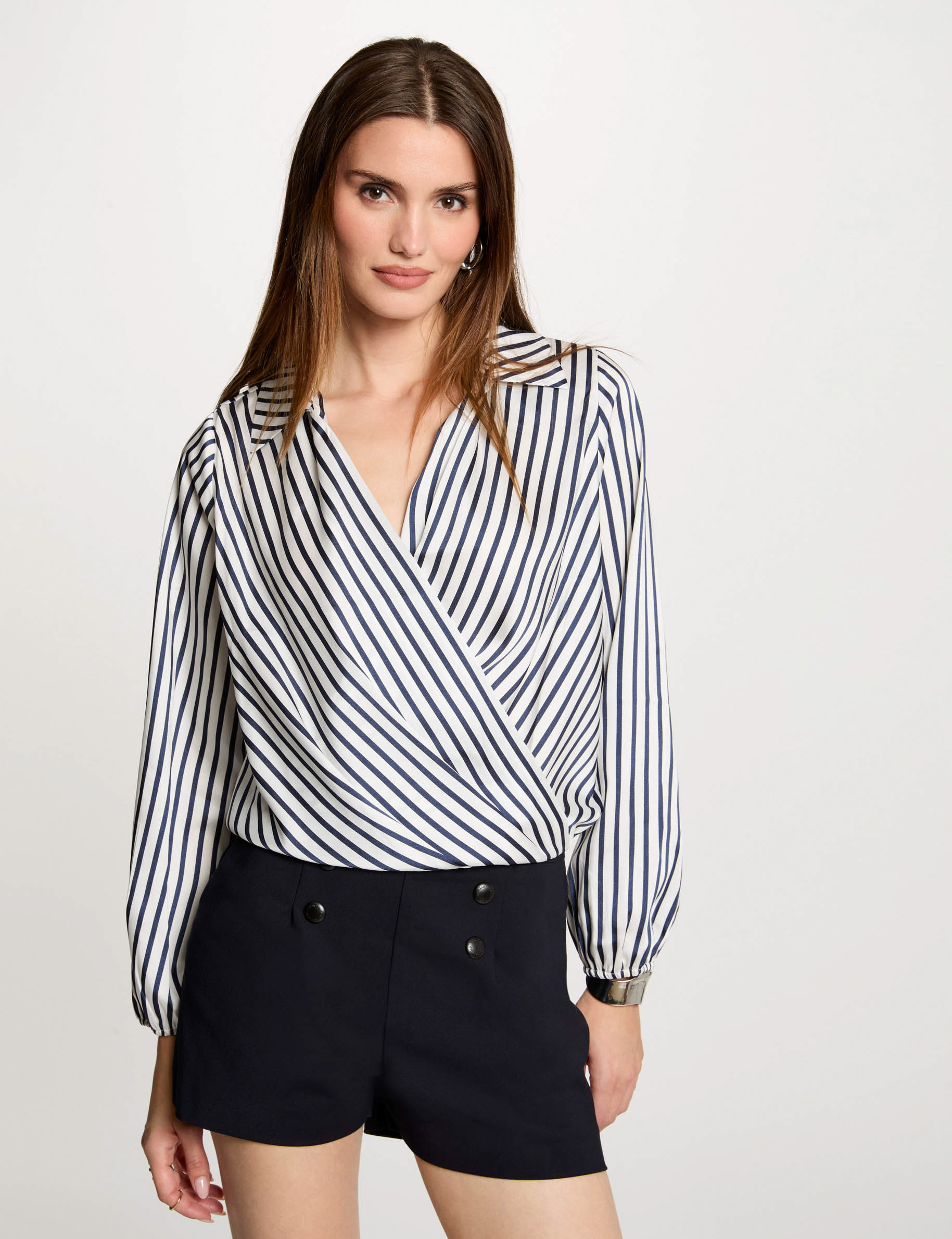 Striped long-sleeved blouse navy blue women