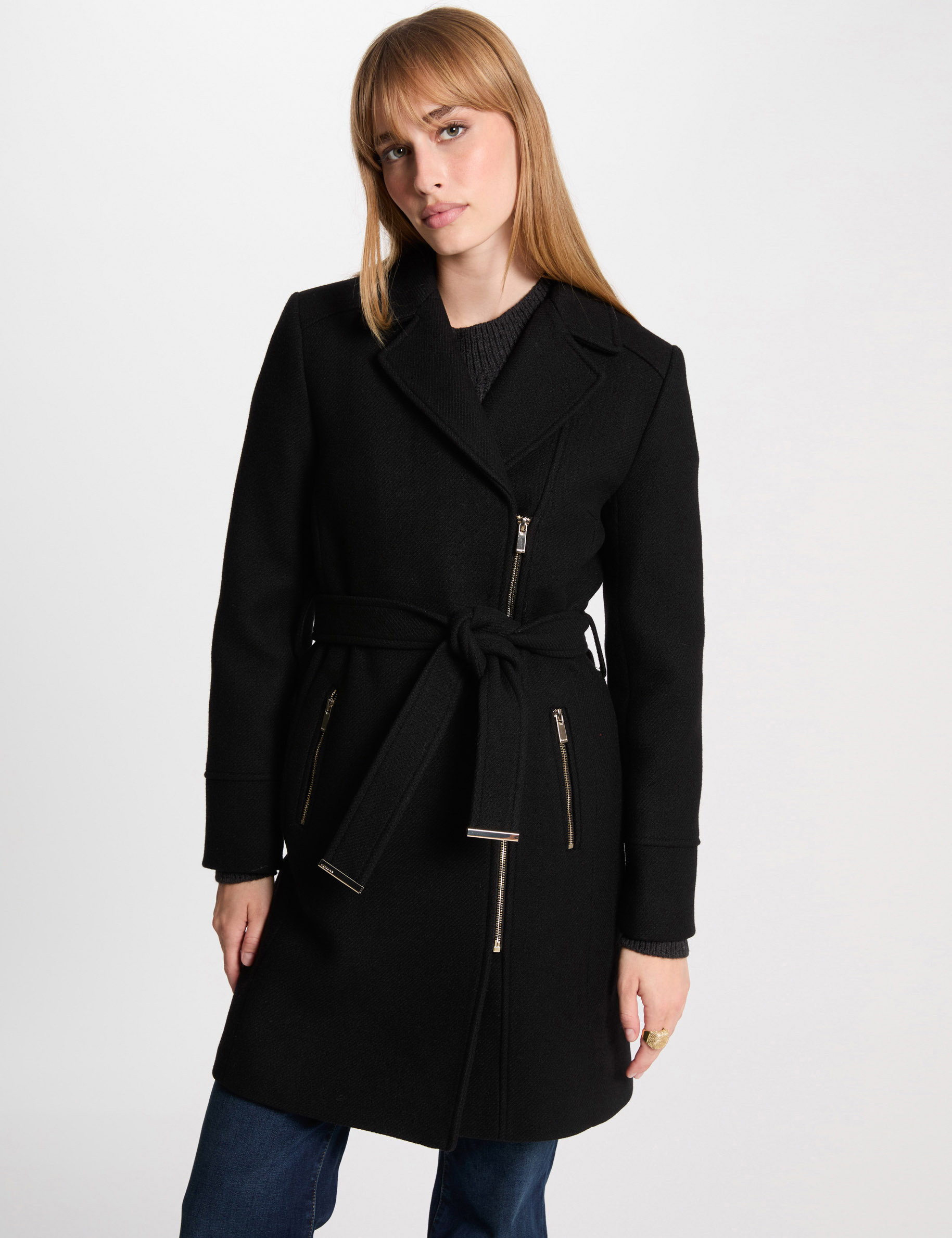 Belted long coat black women